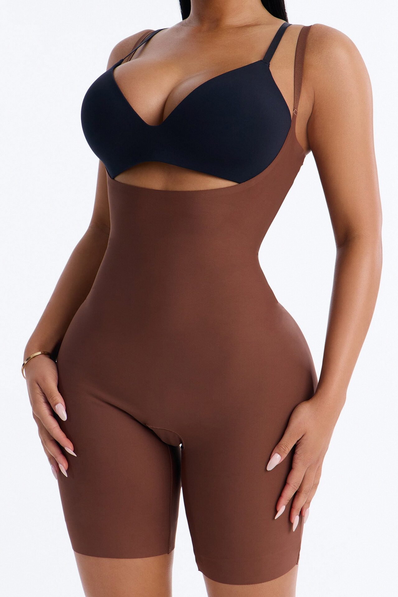 Total Control Core Sculpted Open Bust Mid Thigh Bodysuit - Mocha