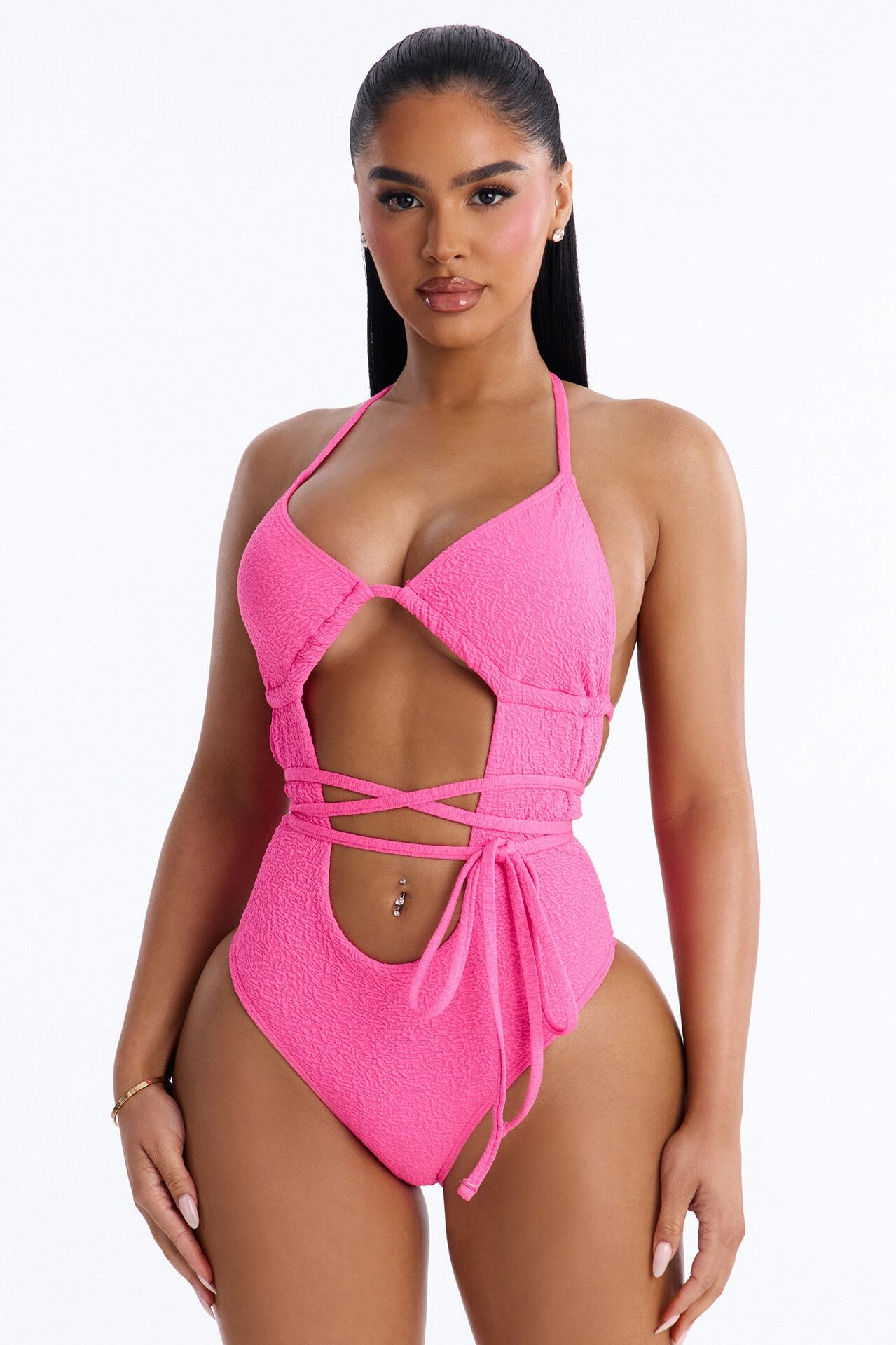 Thalia Textured Triangle 1 Piece Tie Up Swimsuit - Fuchsia