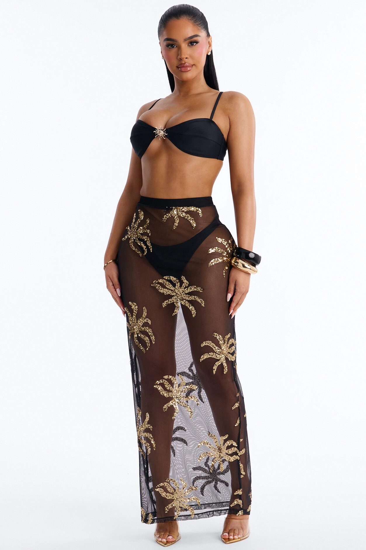 Solana 2 Piece Sequin Bandeau Bikini & Cover Up Skirt Sunsuit - Black/Gold