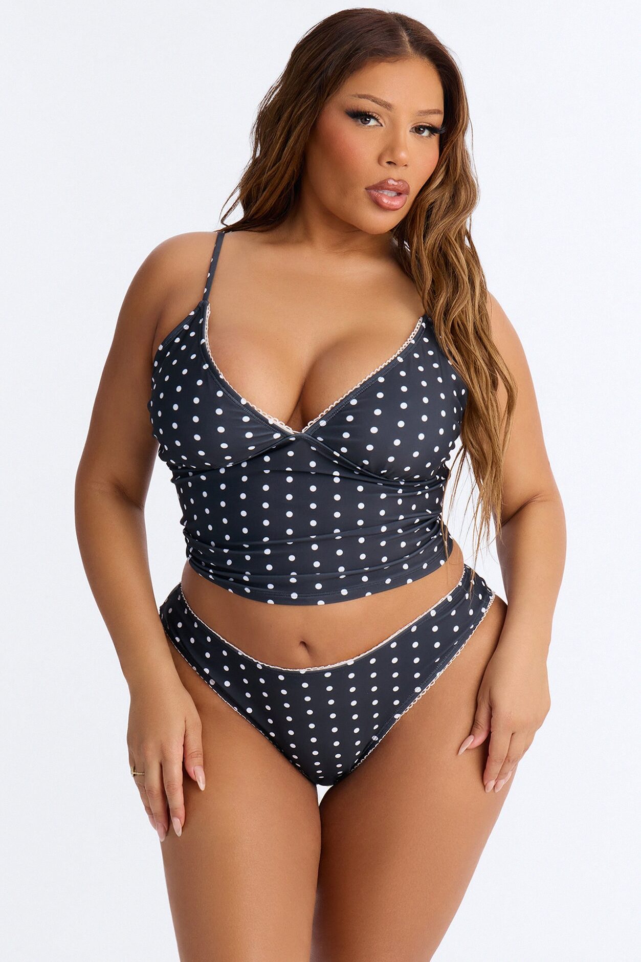 Fatima Polka Dot Tank Top Lace Trim 2 Piece Bikini - Black/combo