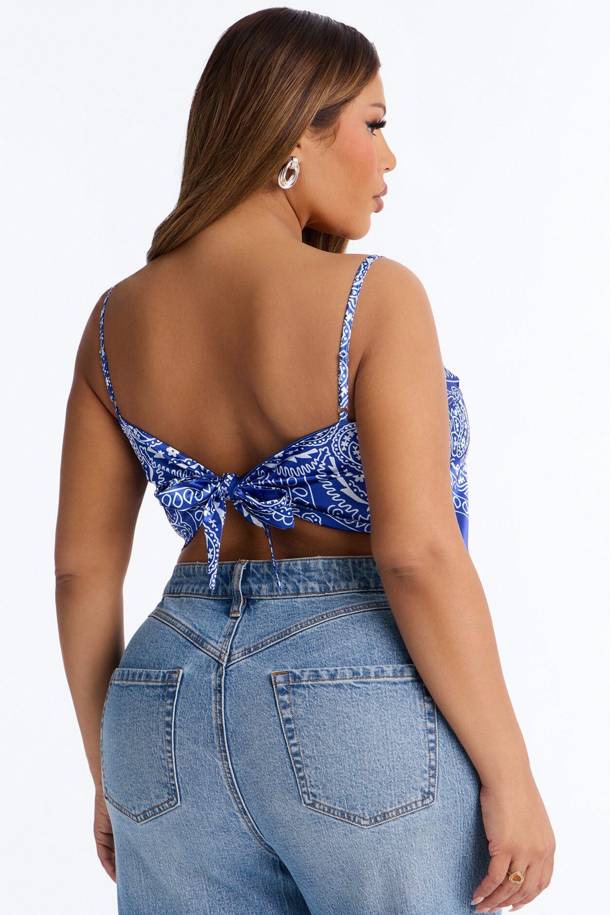 Stuck On You Paisley Satin Tie Back Bandana Top - Blue/combo