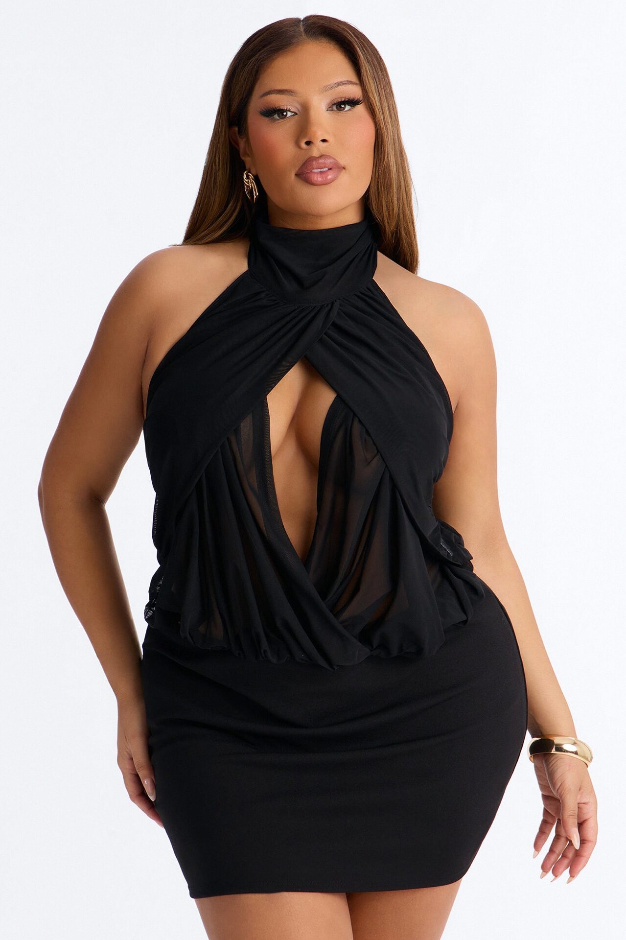 Divine Ease Sheer Mesh Ruched Halter Top - Black