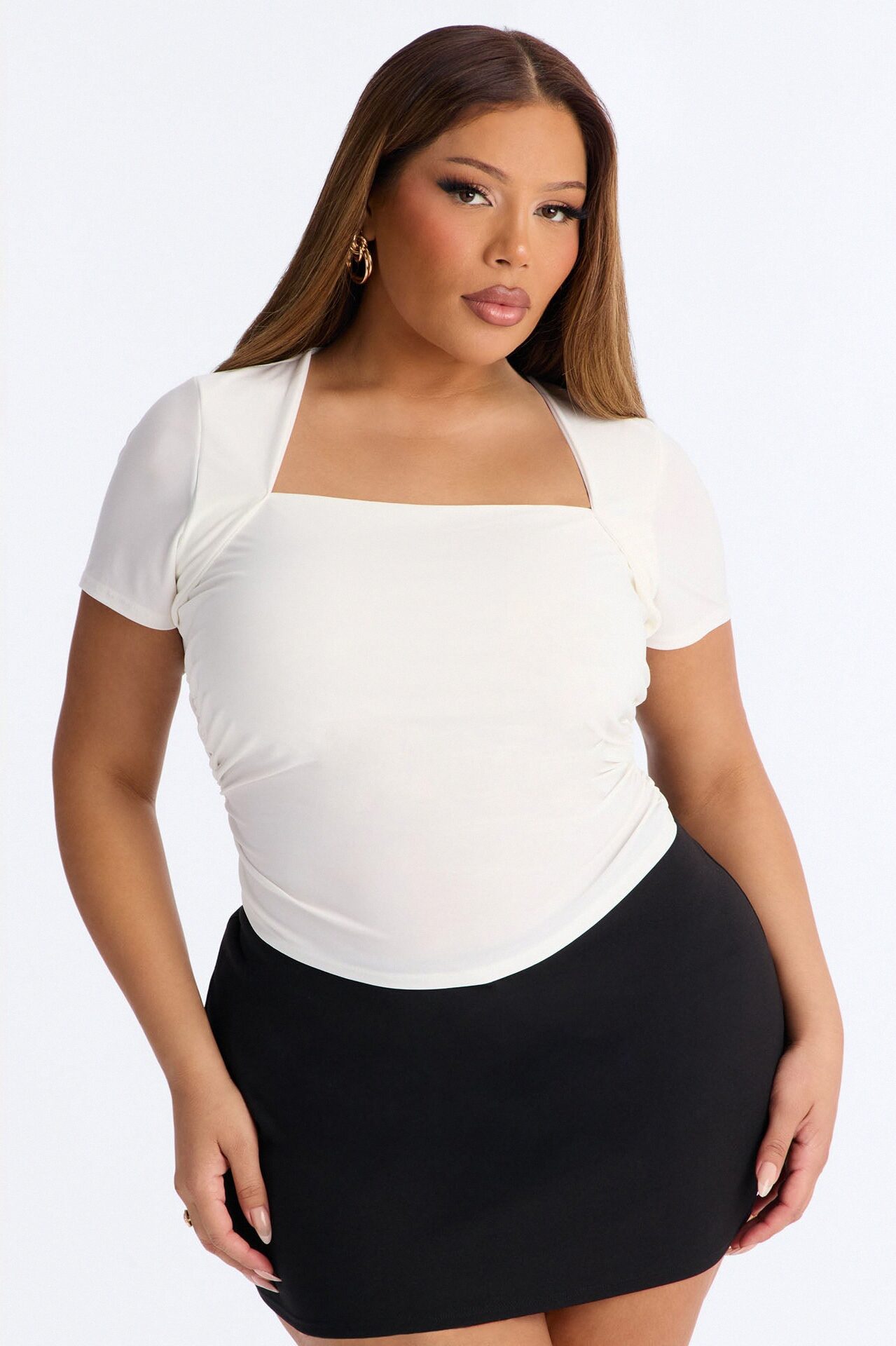 Emilie Ruched Square Neck Short Sleeve Top - Off White