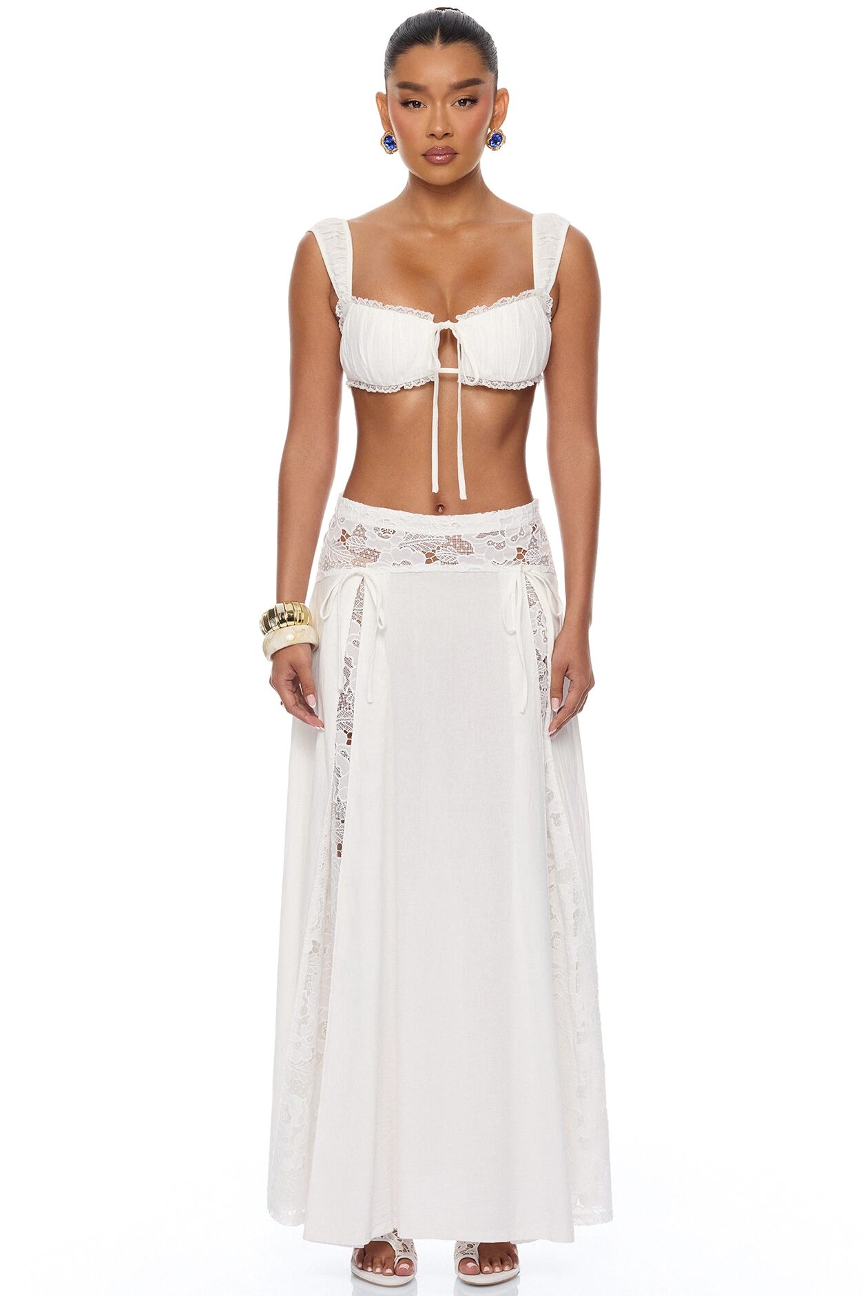 Femme Muse Lace Linen Skirt Set - White