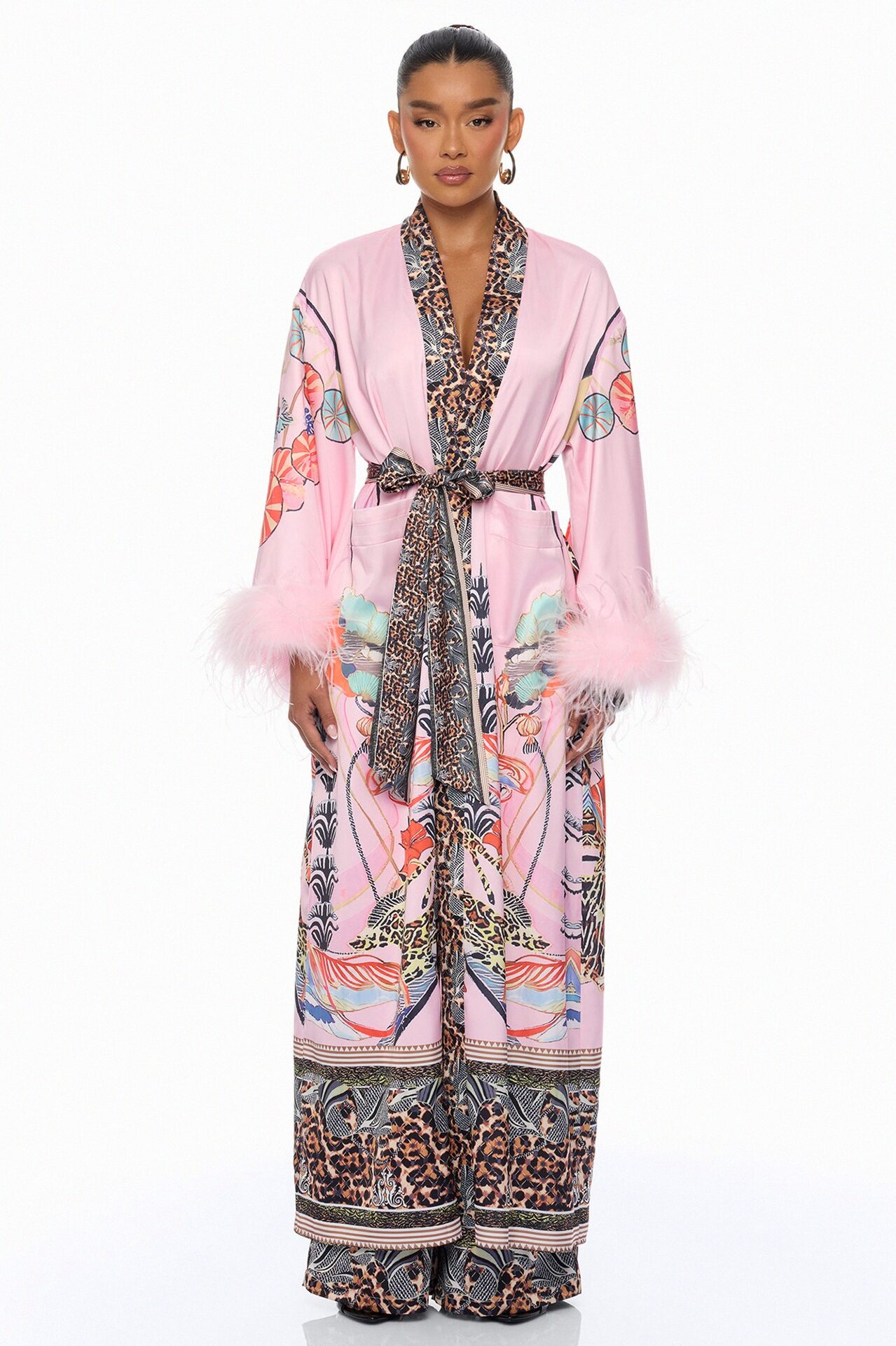 Luxe Lifestyle Feathered 3 Piece Satin Pant Set - Pink/combo