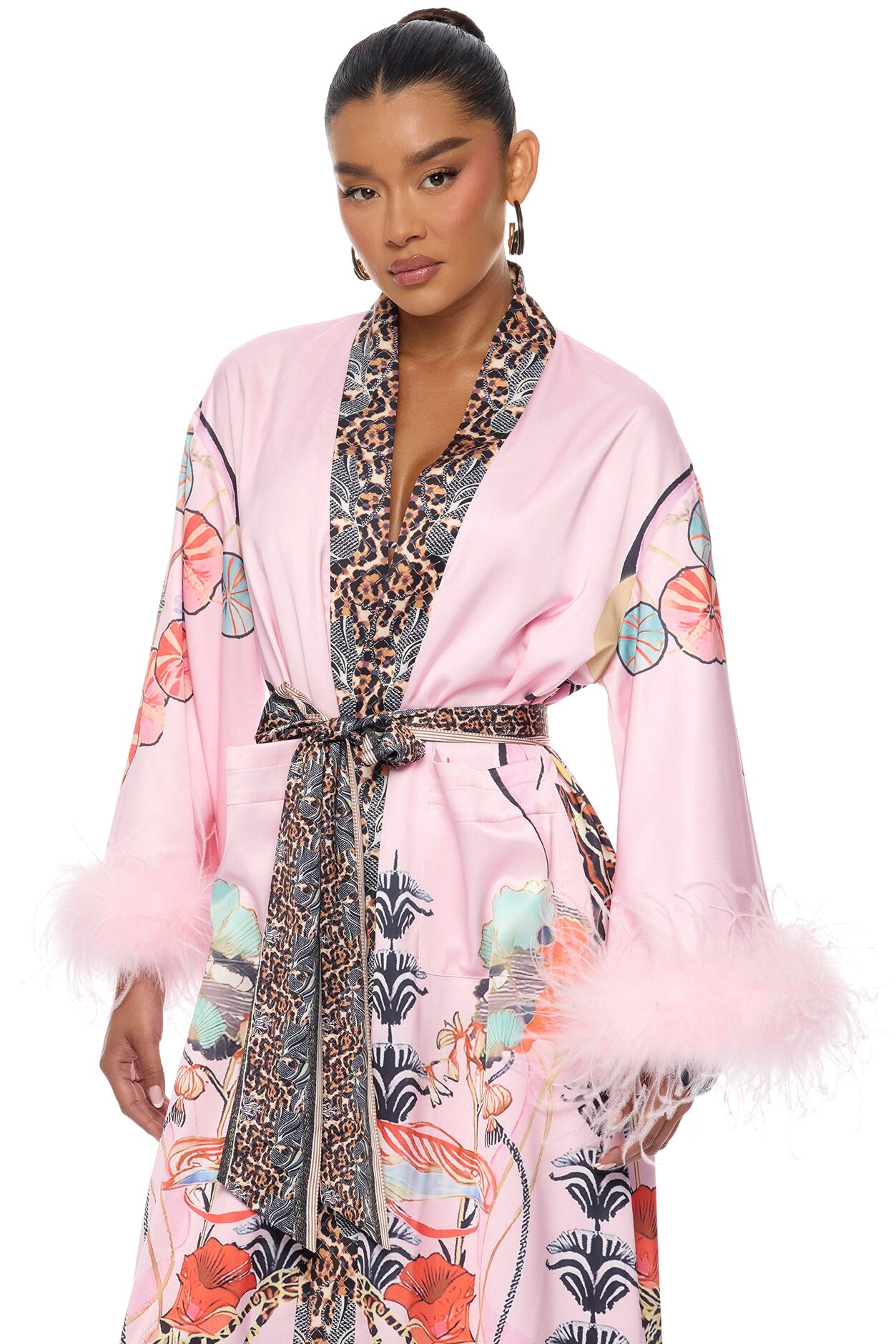 Luxe Lifestyle Feathered 3 Piece Satin Pant Set - Pink/combo