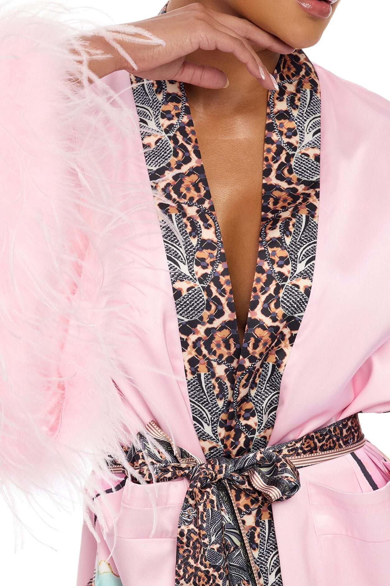 Luxe Lifestyle Feathered 3 Piece Satin Pant Set - Pink/combo