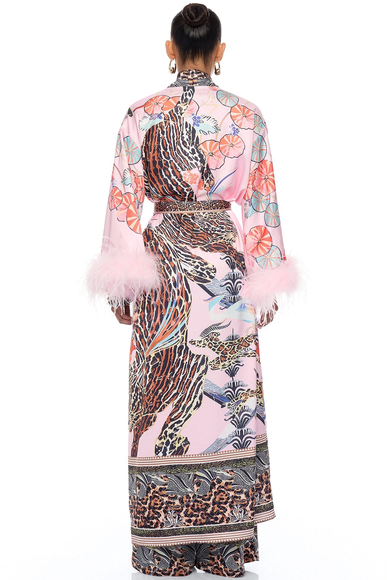 Luxe Lifestyle Feathered 3 Piece Satin Pant Set - Pink/combo