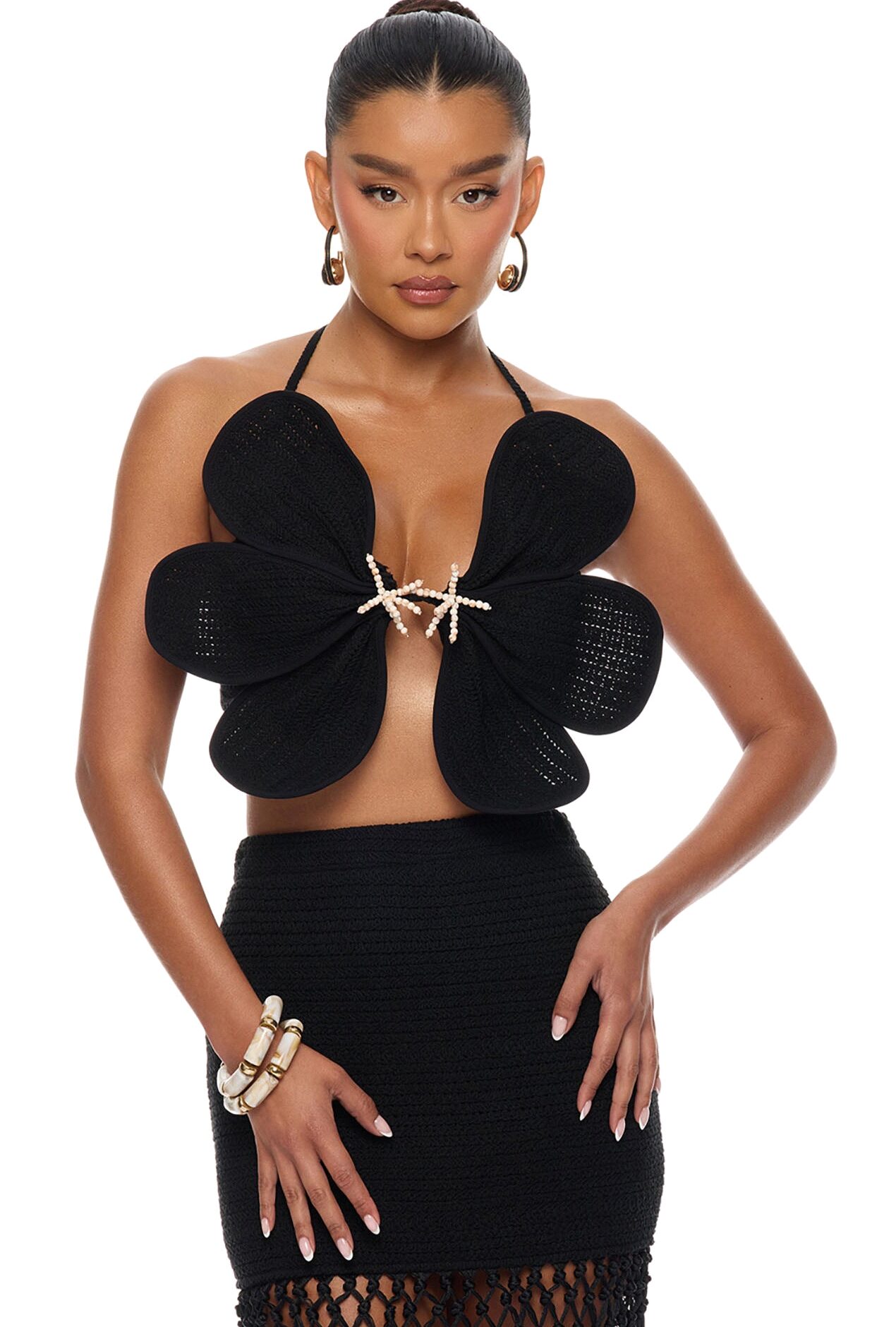 Ocean Breeze Fringe Crochet Skirt Set - Black