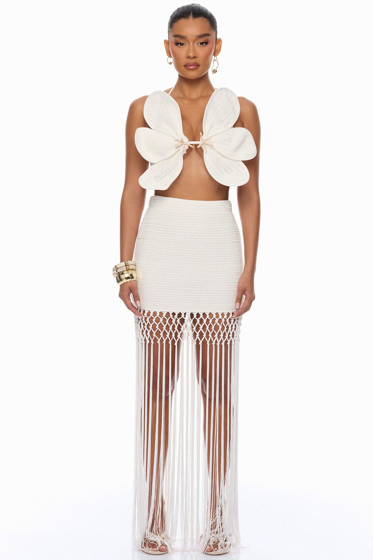 Ocean Breeze Fringe Crochet Skirt Set - White