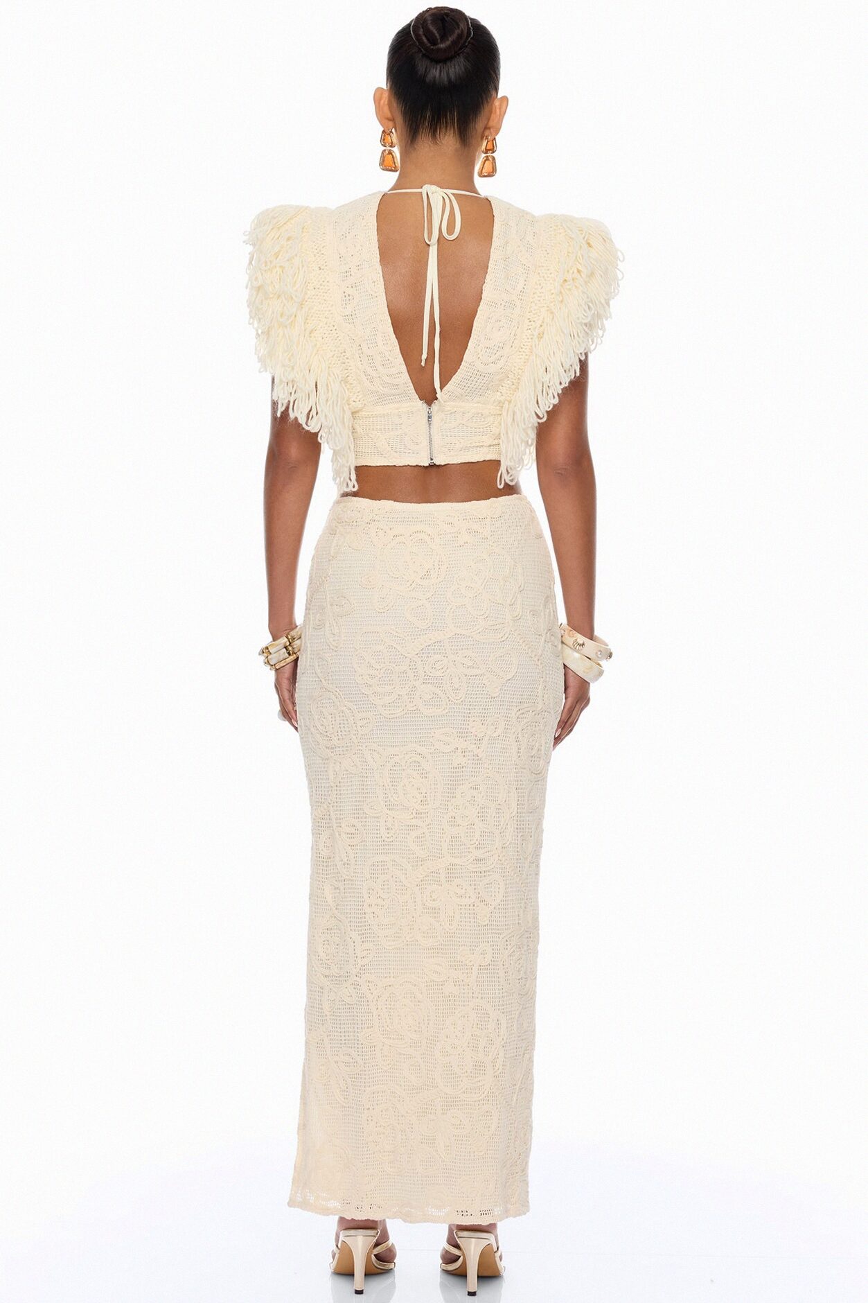 Coastal Vibe Fringe Crochet Skirt Set - Sand