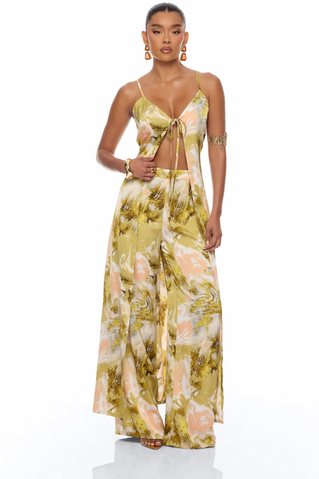 Off To The Tropics Satin Pant Set - Green/combo