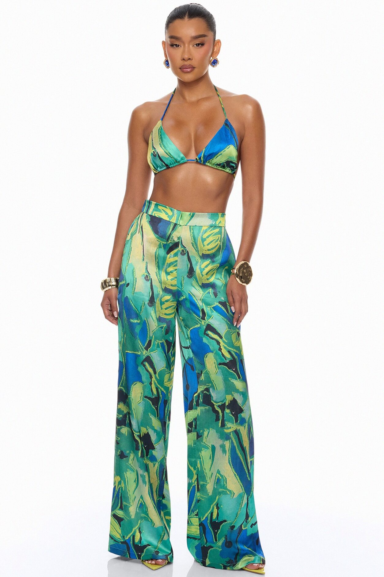 Pure Luxury 3 Piece Satin Kimono Set - Green/combo