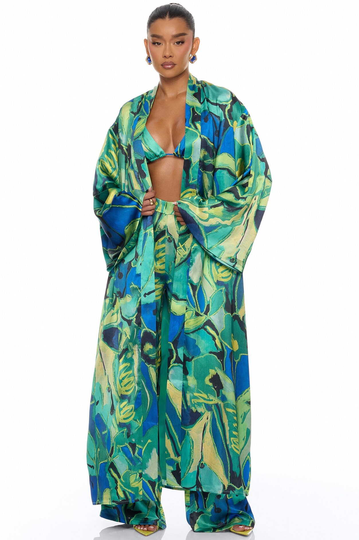 Pure Luxury 3 Piece Satin Kimono Set - Green/combo