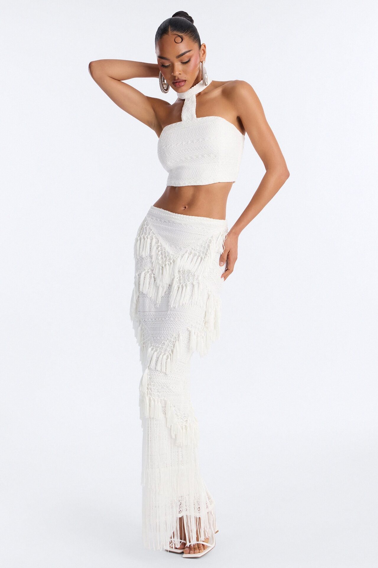 Isla Fringe Crochet Skirt Set - White