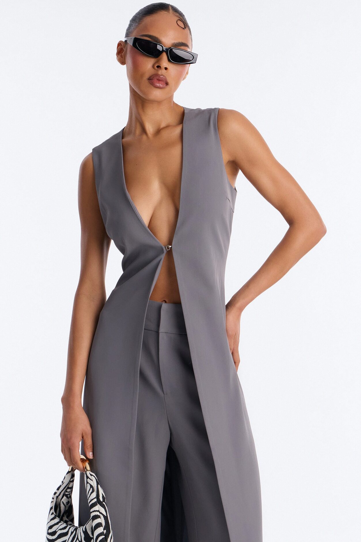 Olivia Long Vest Pant Set - Grey