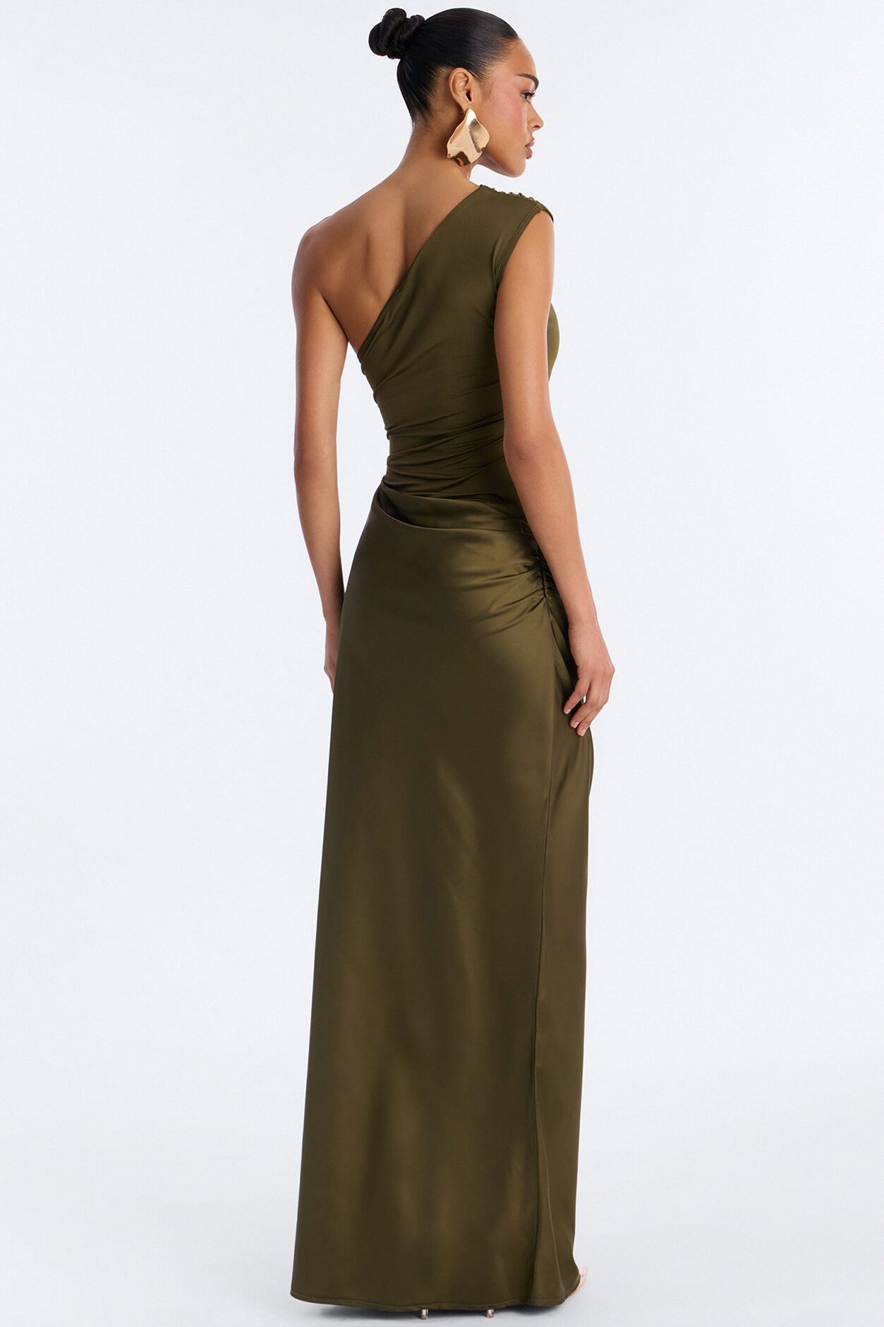 City Nights One Shoulder Satin Maxi Dress - Olive