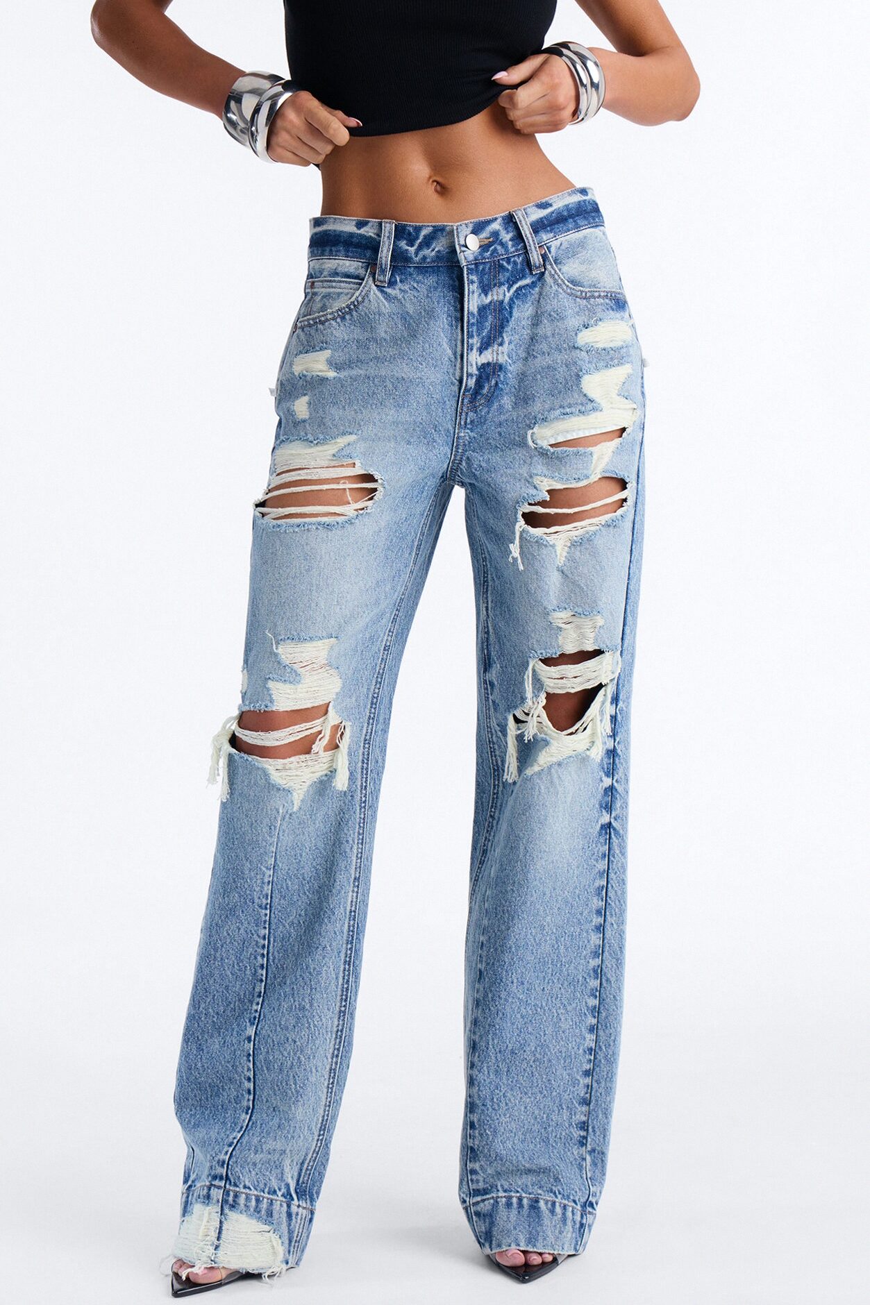 Move Up Premium Tinted Ripped Straight Leg Jeans - Medium Wash