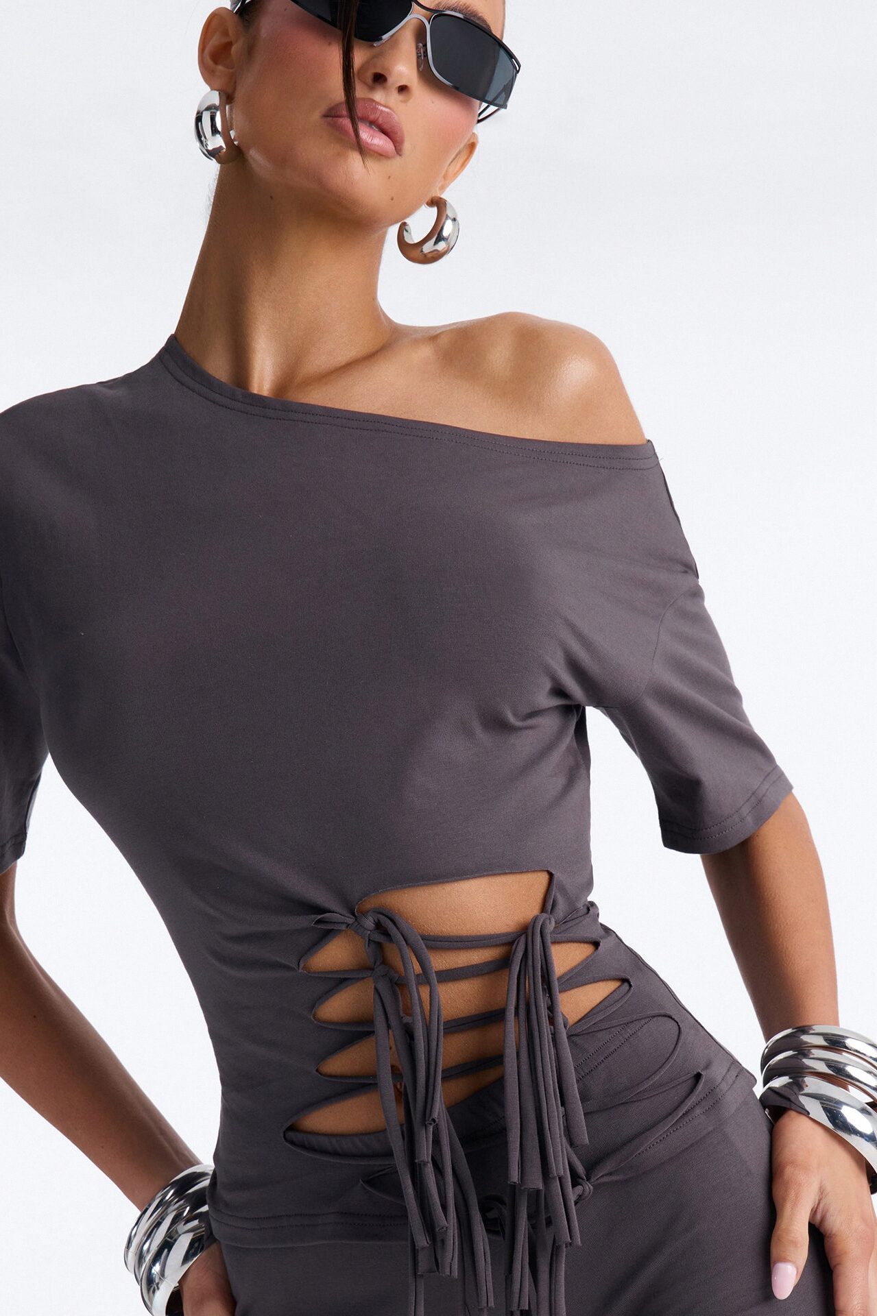 Audrey Cut Out Biker Short Set - Charcoal