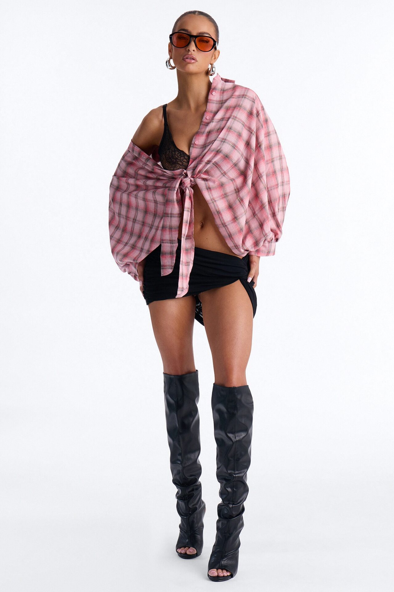 Kimora Tie Front Plaid Linen Shirt - Pink/combo