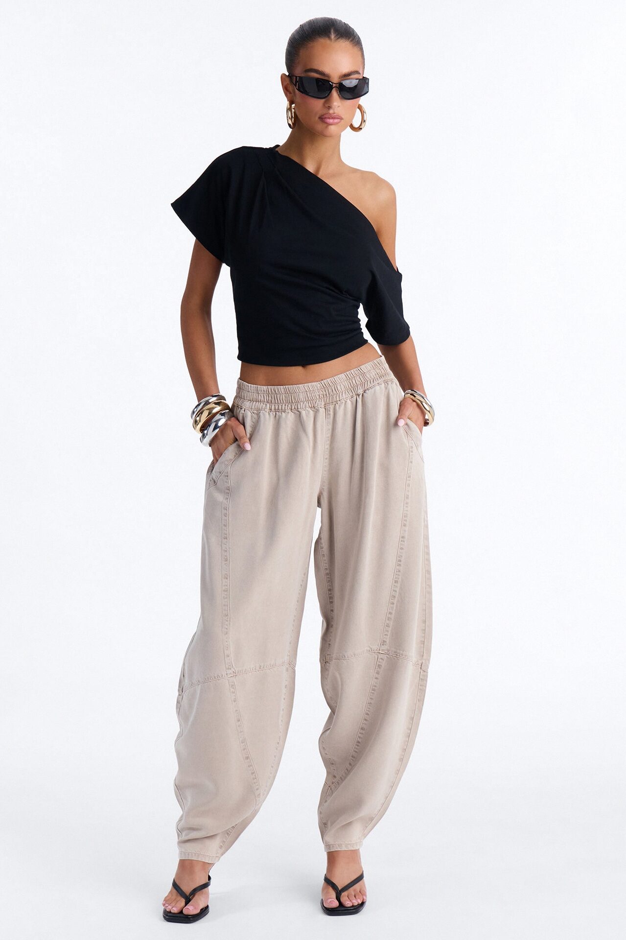 Jeannie Mid Rise Washed Barrel Pants - Stone