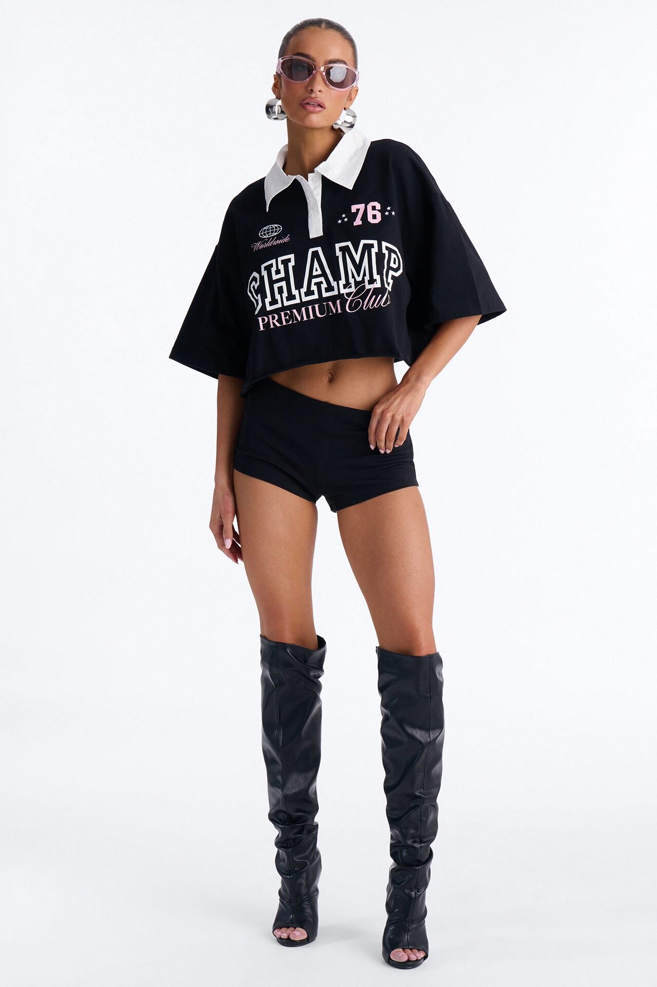 Champs Oversized Cropped Polo - Black