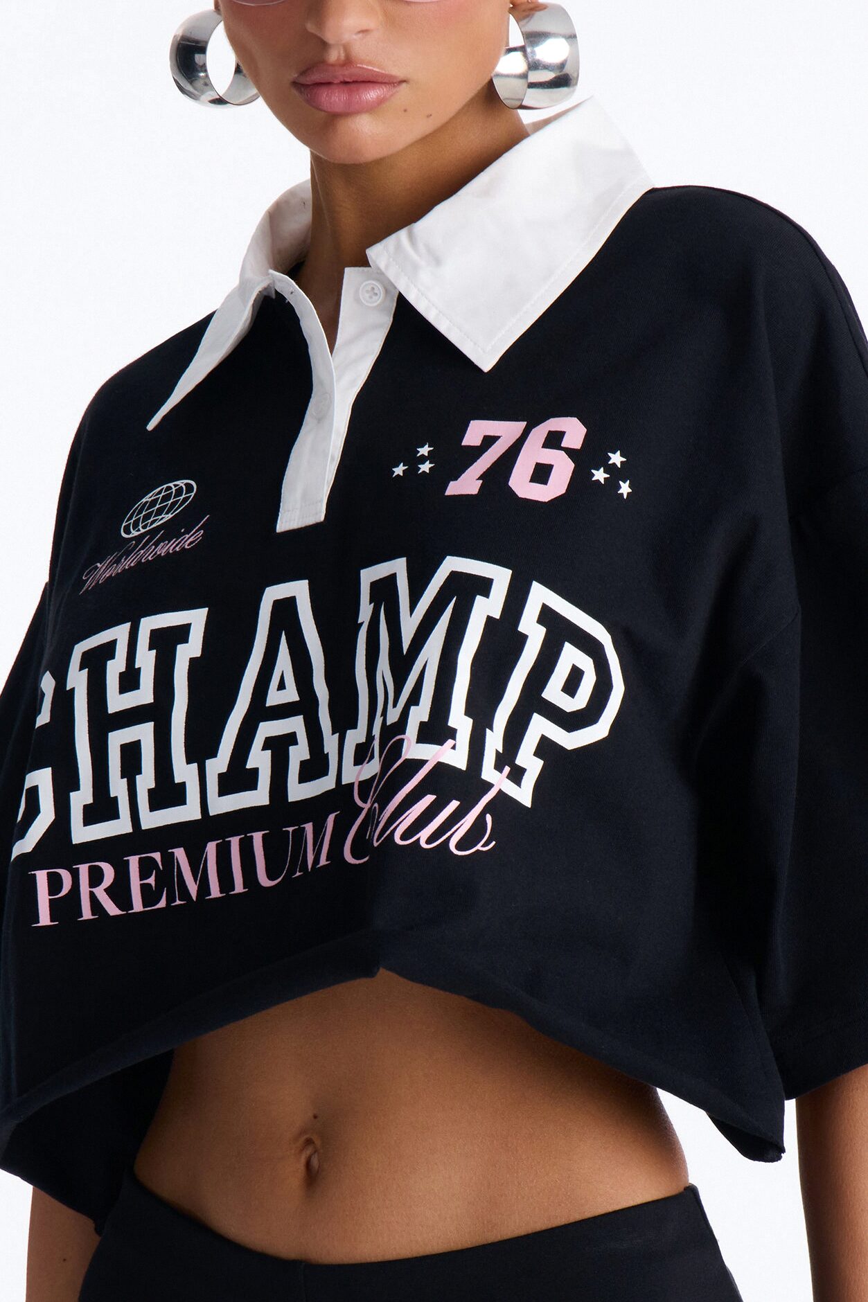 Champs Oversized Cropped Polo - Black