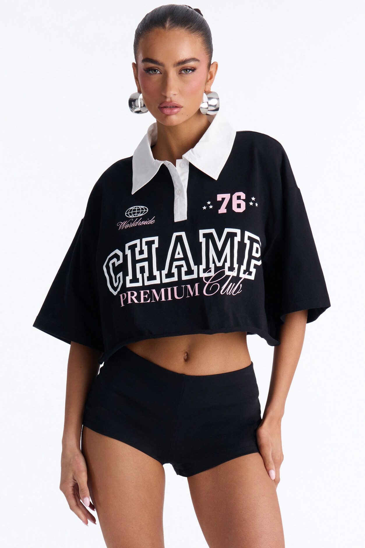 Champs Oversized Cropped Polo - Black