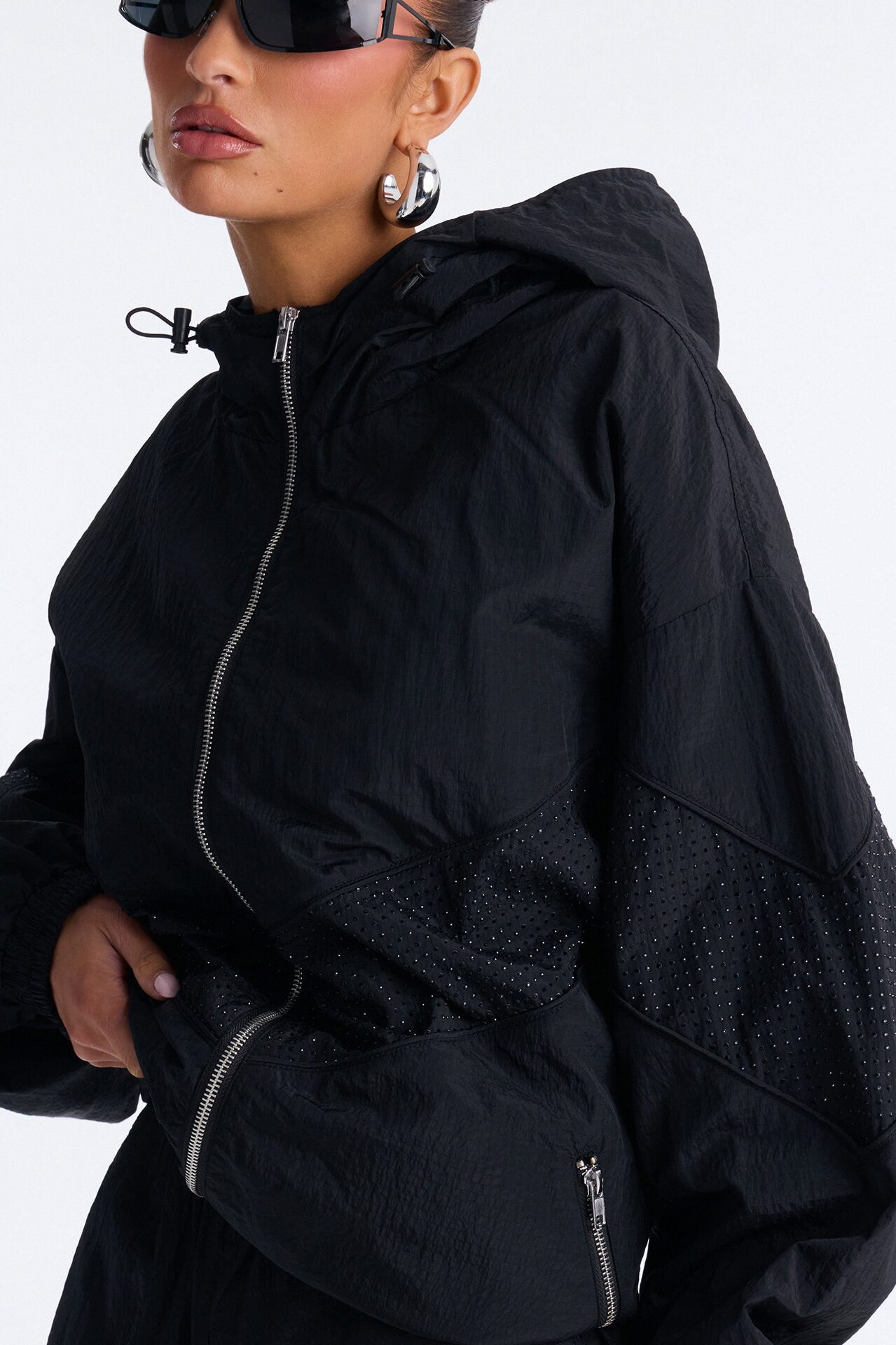 Riley Rhinestone Windbreaker Short Set - Black