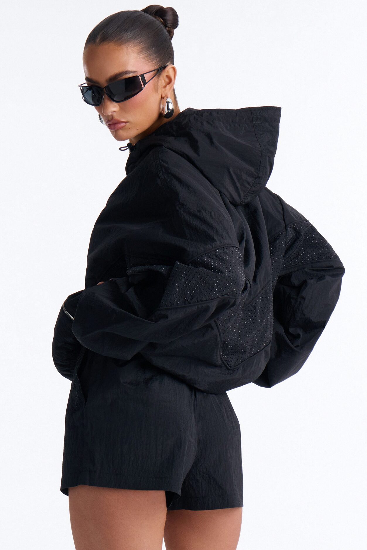 Riley Rhinestone Windbreaker Short Set - Black