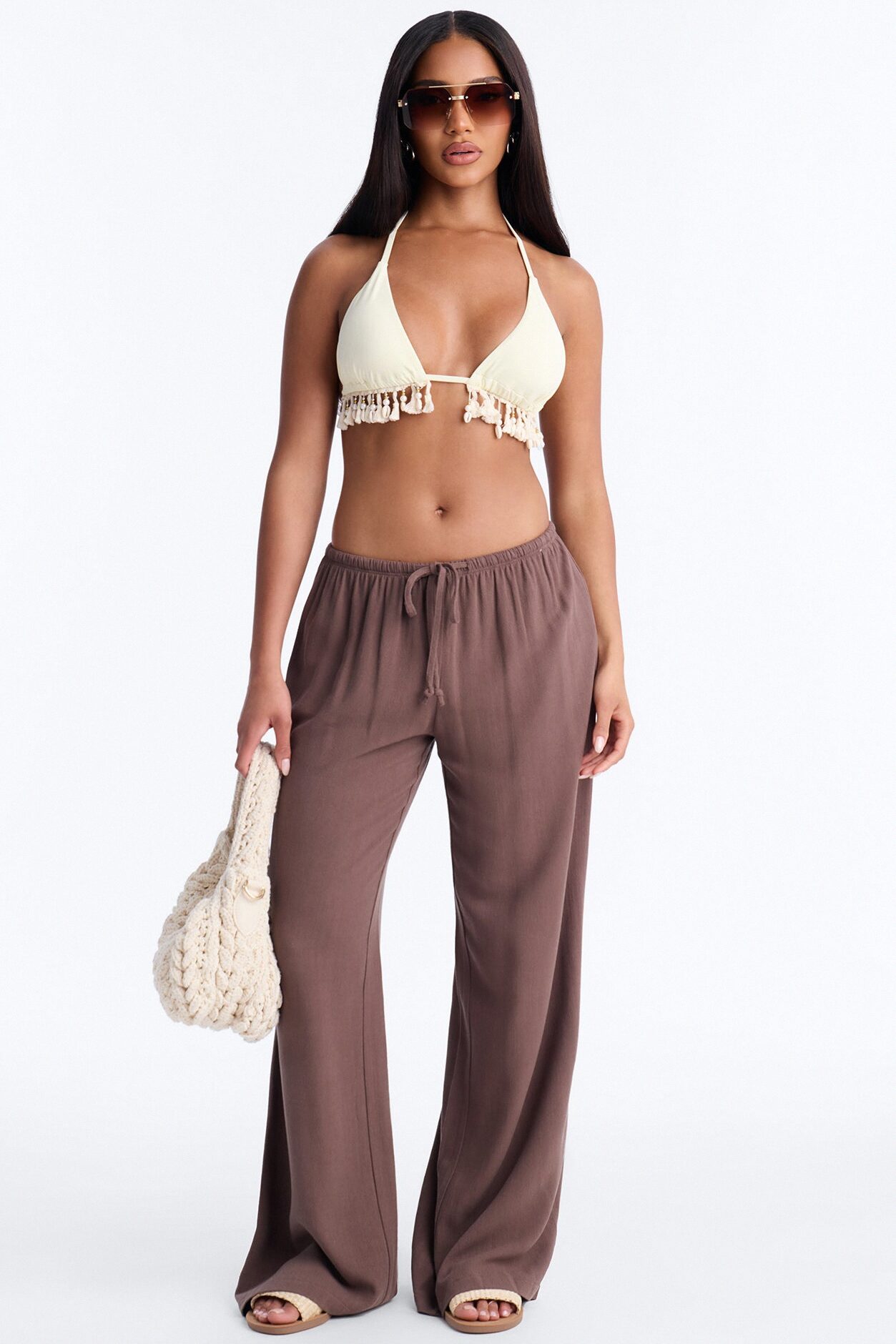 Kienna Low Rise Linen Wide Leg Pant 30″ - Chocolate