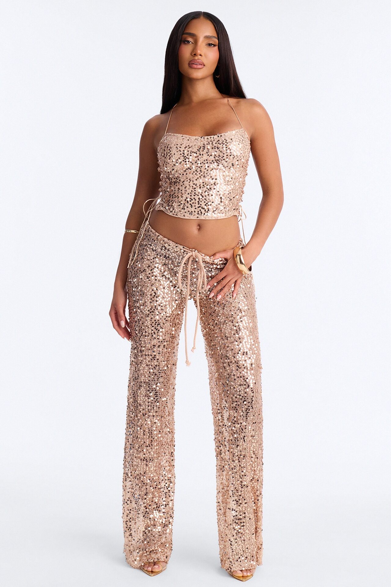 Paige Sequin Crochet Halter Pant Set - Gold