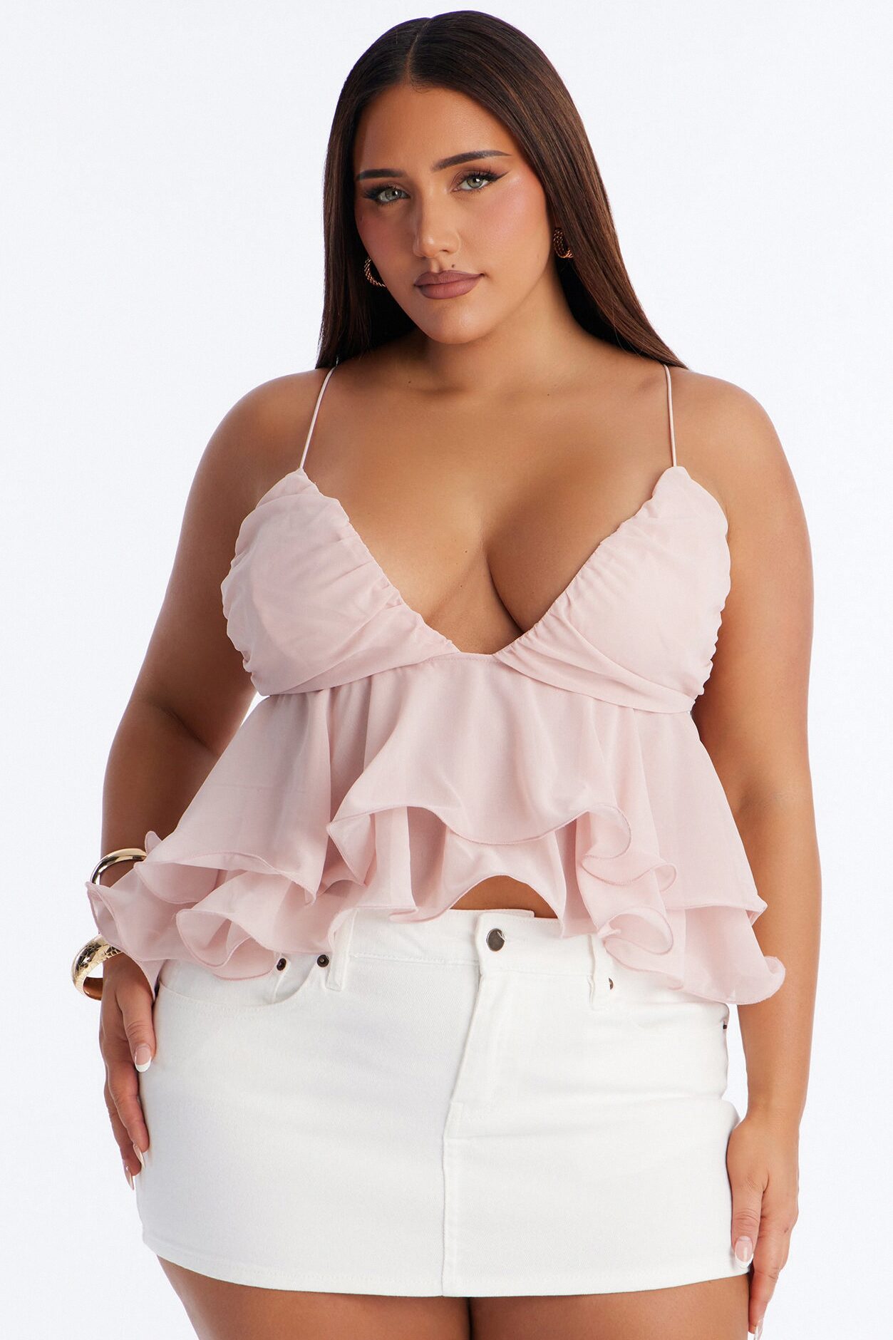 Cute Life Ruffle Chiffon Babydoll Top - Pink