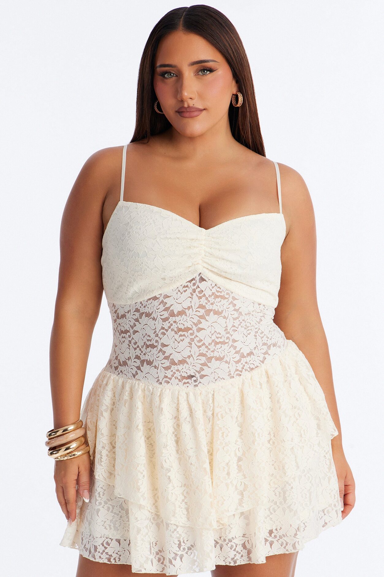 Cecilia Ruffle Lace Mini Dress - Cream
