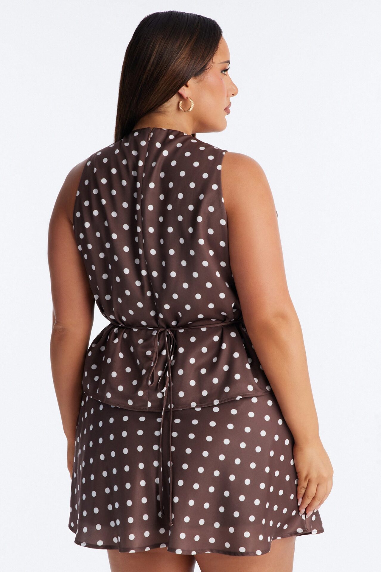 Satin Daydream Polka Dot Tie Waist Top - Brown/combo