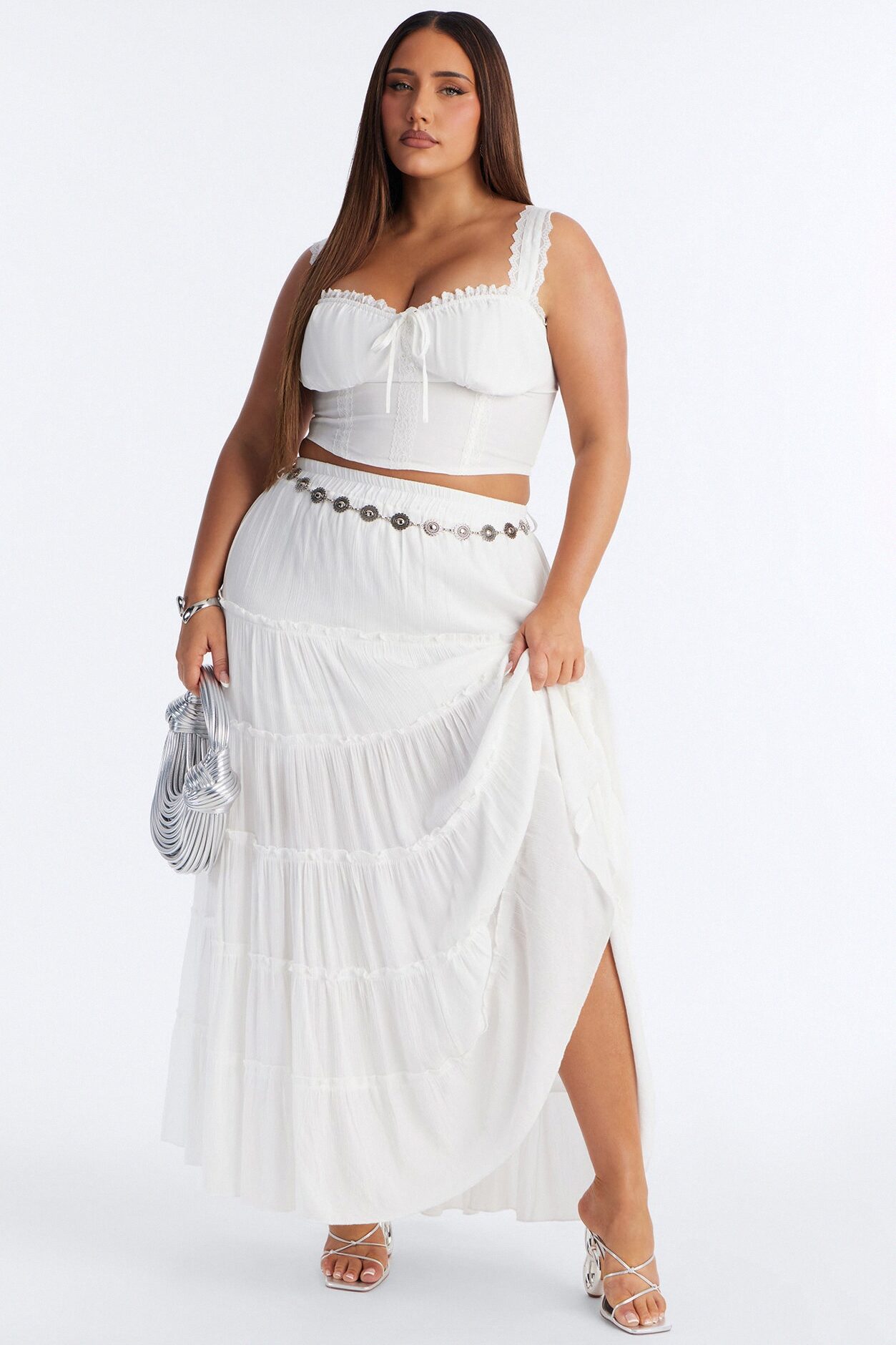 Free Spirit Low Rise Belted Tiered Maxi Skirt - White
