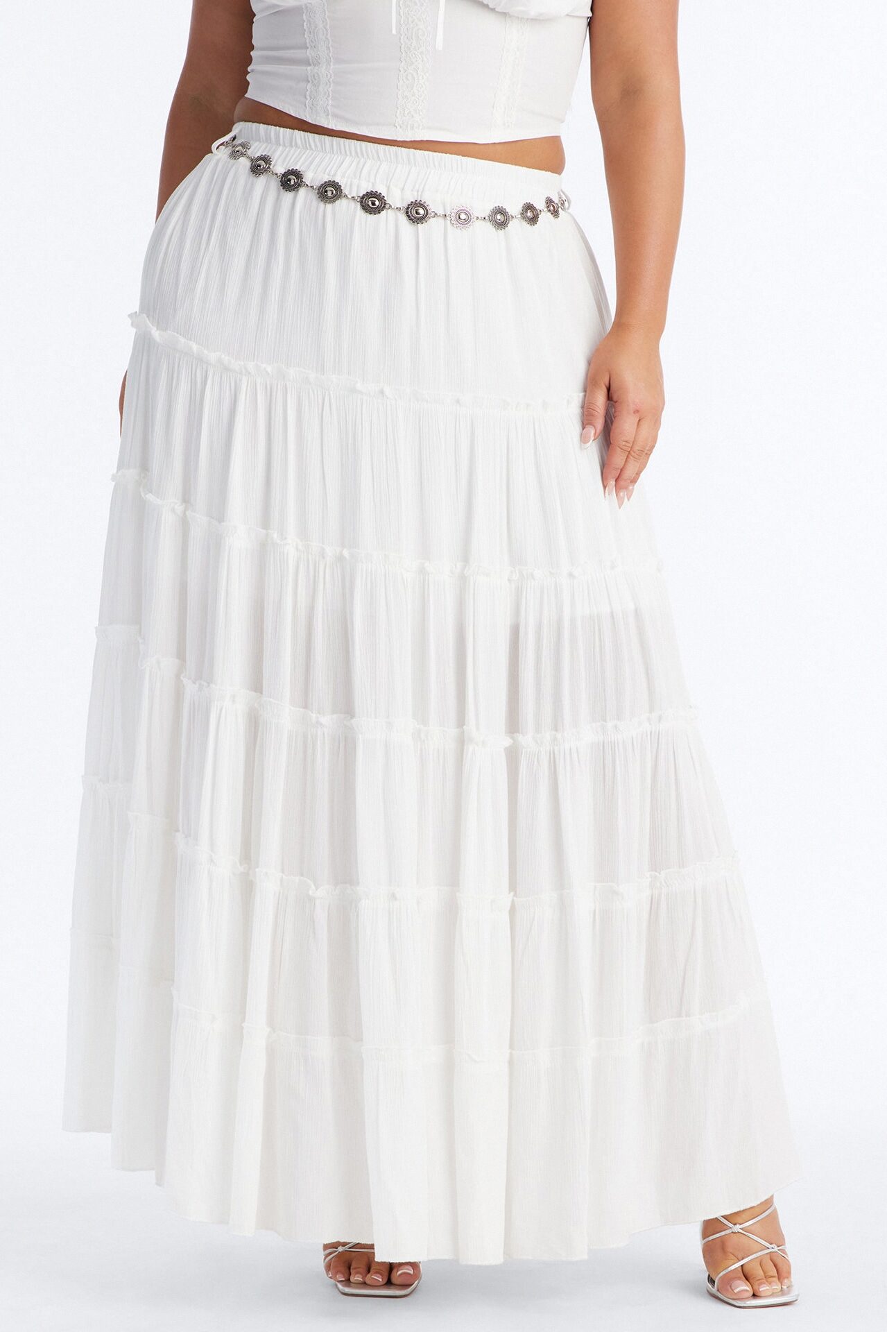 Free Spirit Low Rise Belted Tiered Maxi Skirt - White