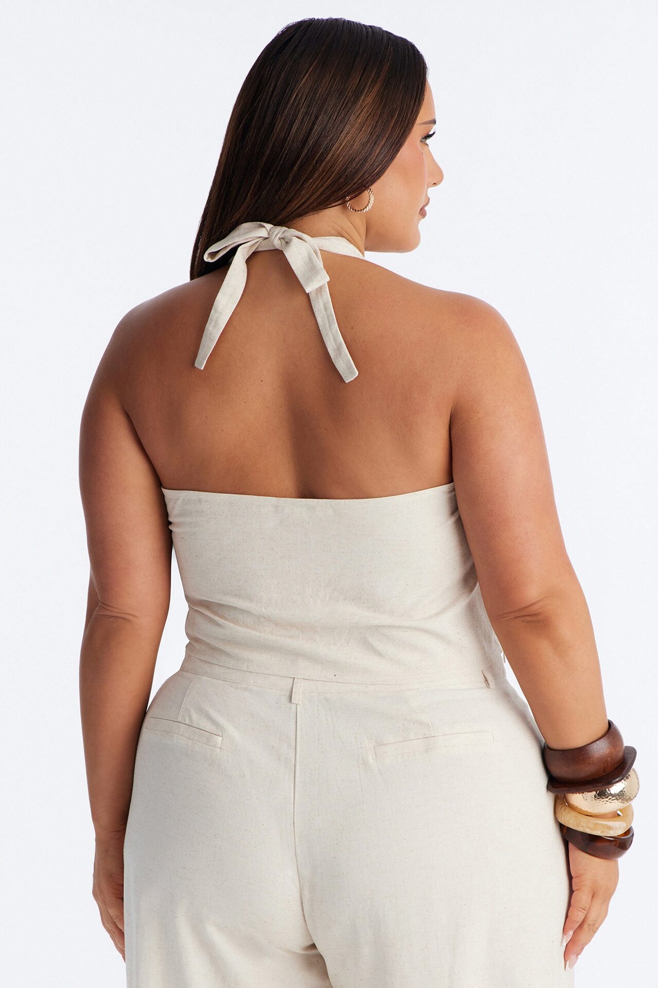 Ocean Breeze Linen Backless Halter Top - Stone