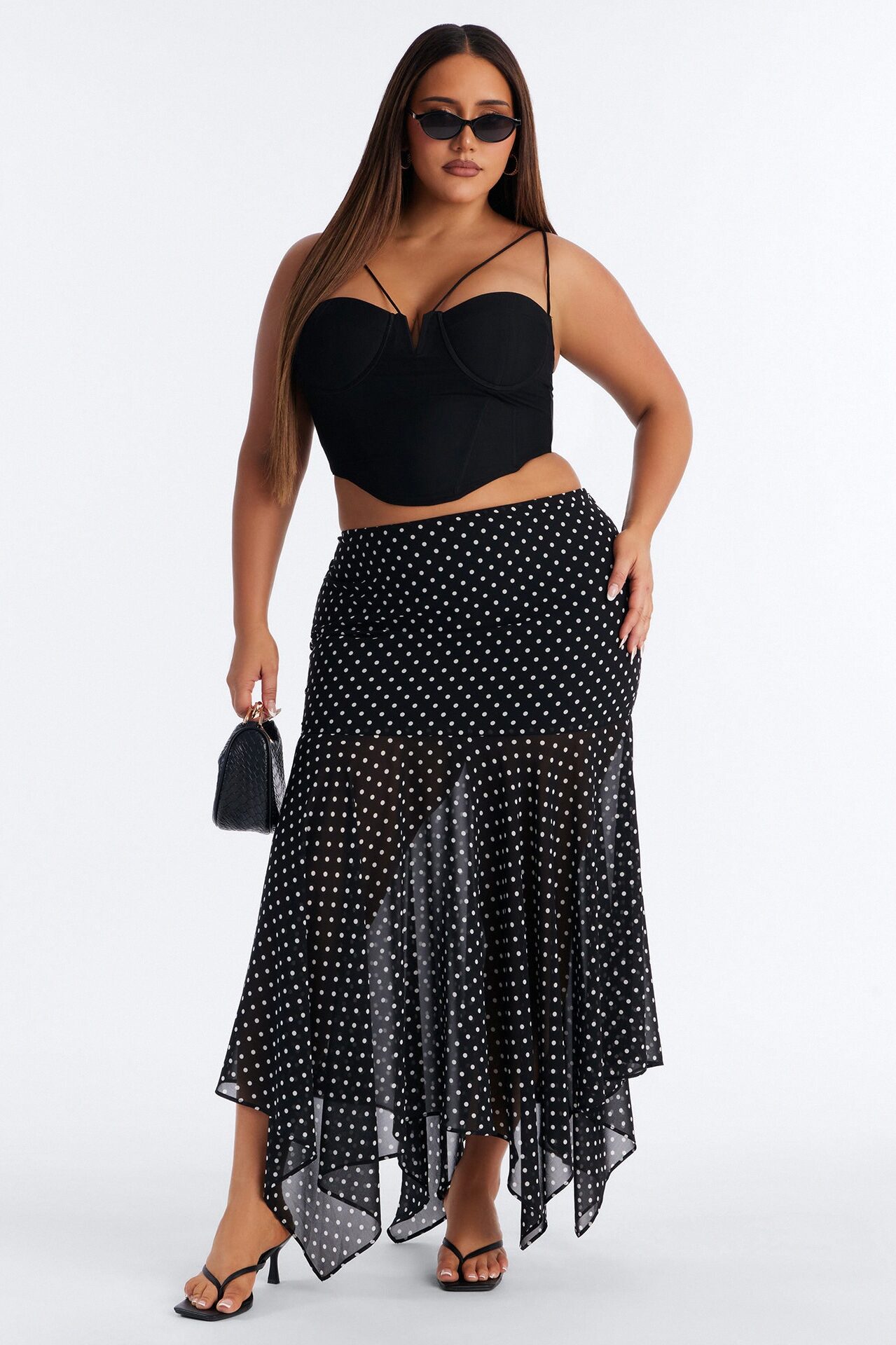 On The Dot Asymmetrical Chiffon Polka Dot Maxi Skirt - Black/White