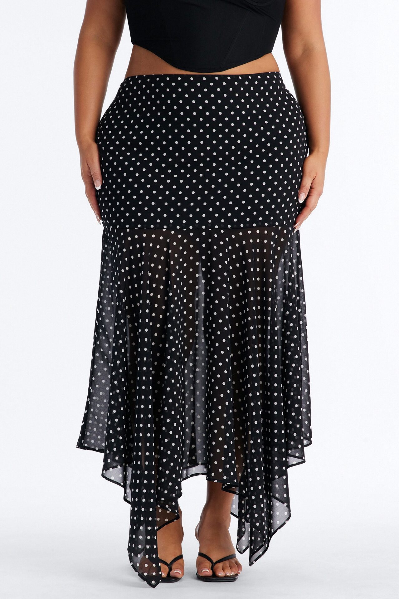 On The Dot Asymmetrical Chiffon Polka Dot Maxi Skirt - Black/White
