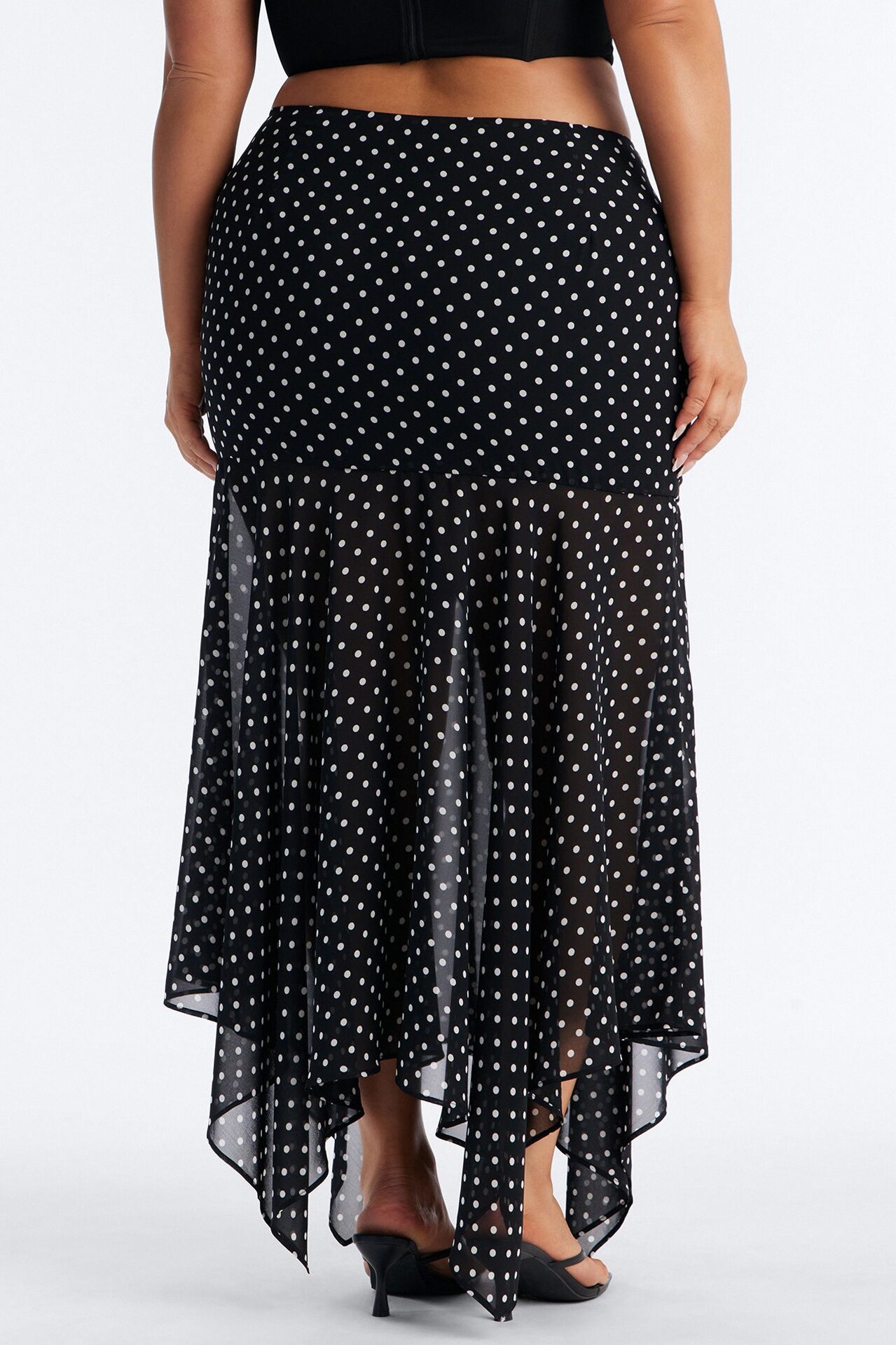 On The Dot Asymmetrical Chiffon Polka Dot Maxi Skirt - Black/White