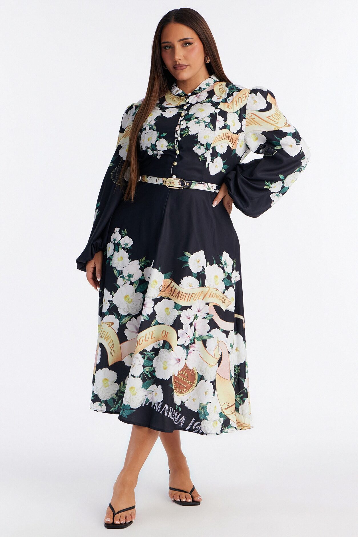 Liana Belted Floral Midi Dress - Black/combo