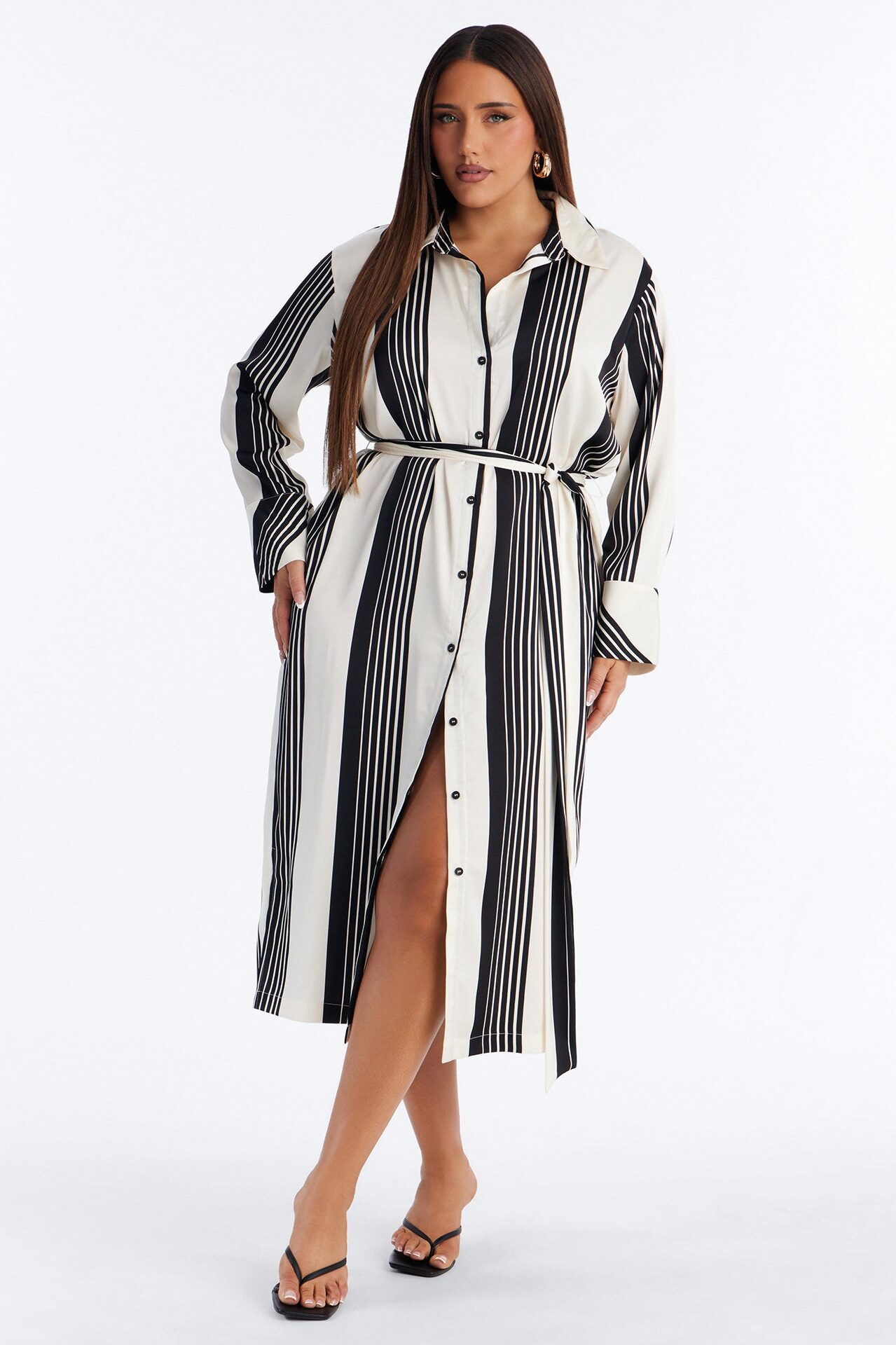Harlow Striped Satin Shirt Midi Dress - White/Black