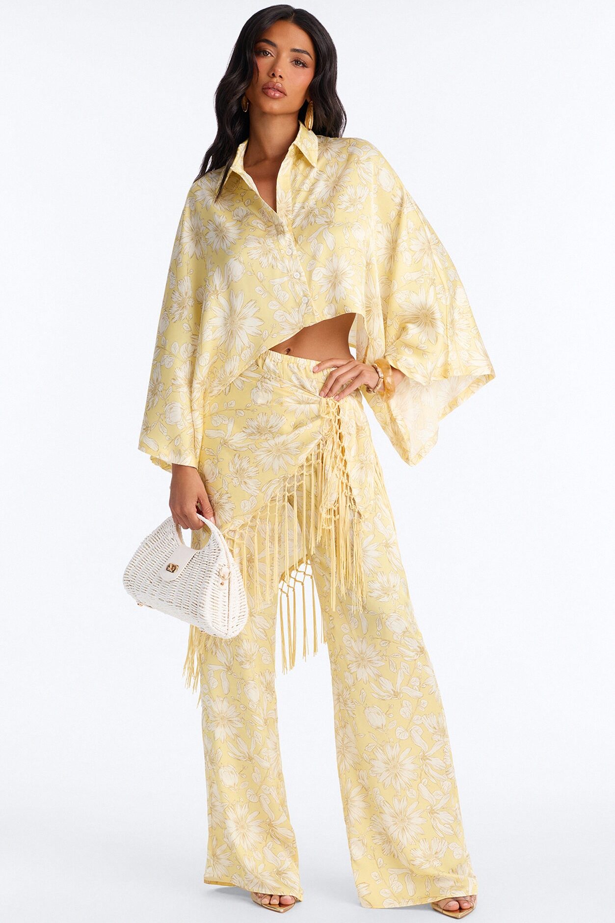 So Soft Floral Satin 3 Piece Pant Set - Yellow