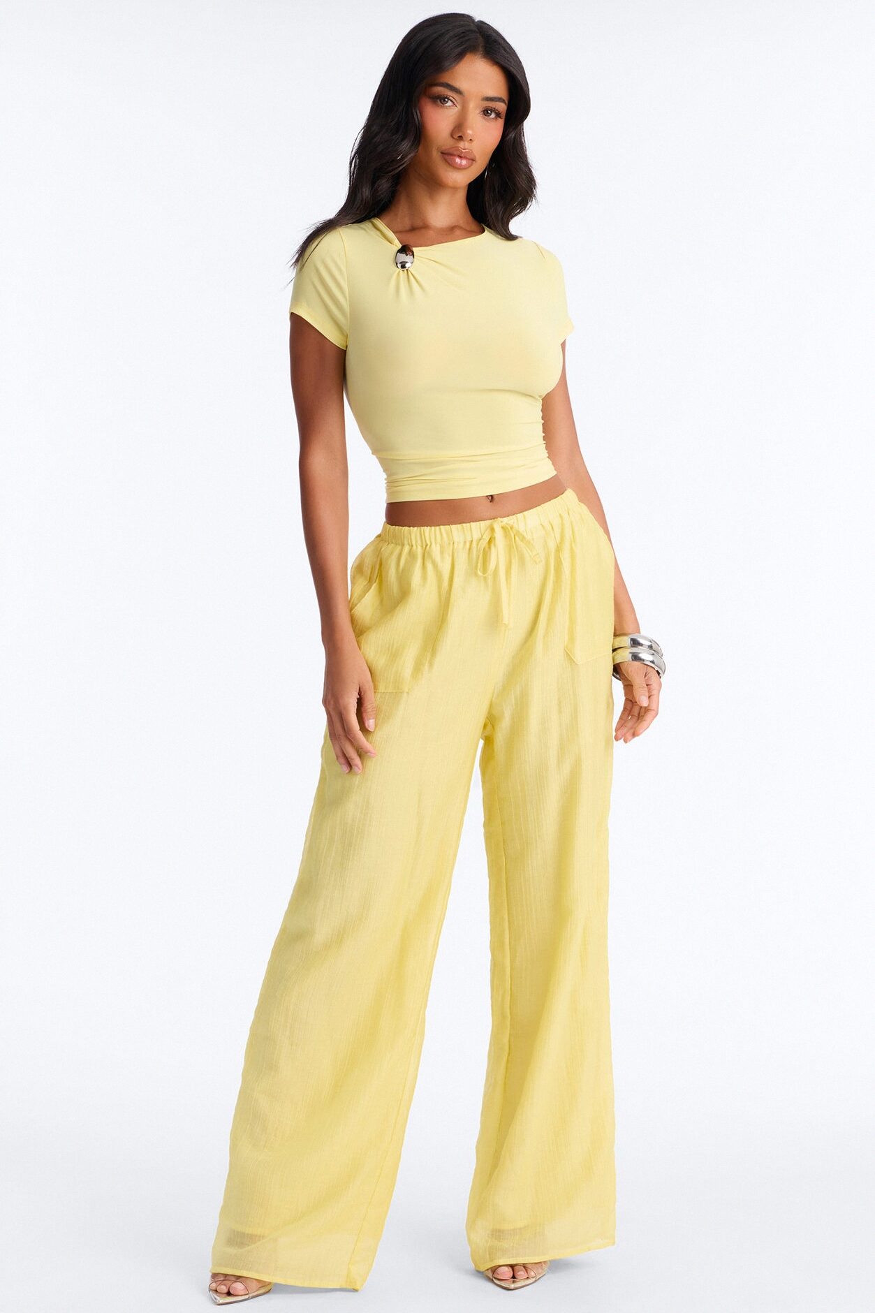 Lexi Hardware Asymmetrical Neck Short Sleeve Top - Butter Yellow