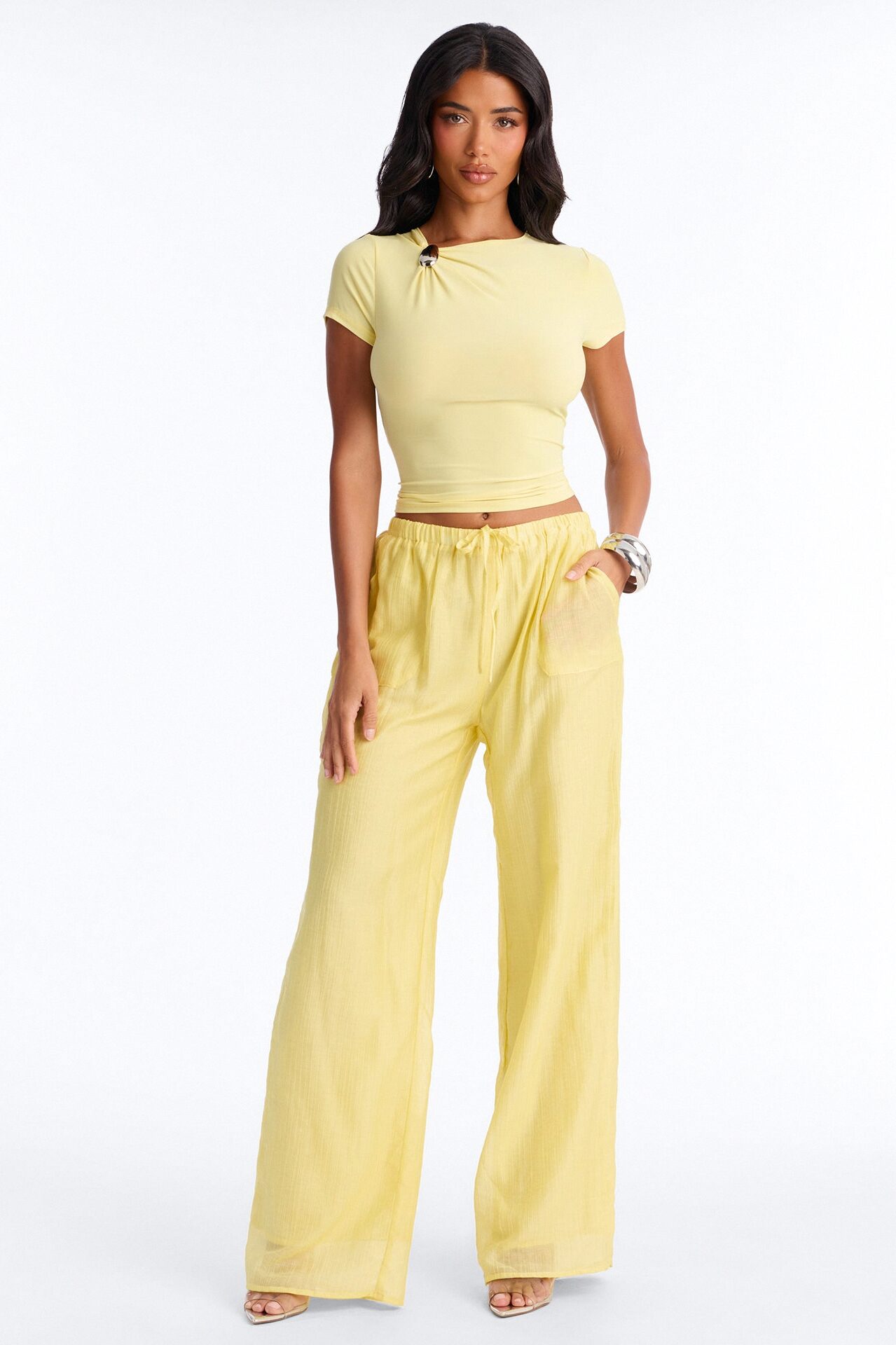 Vacay Babe Textured Wide Leg Pant - Butter Yellow