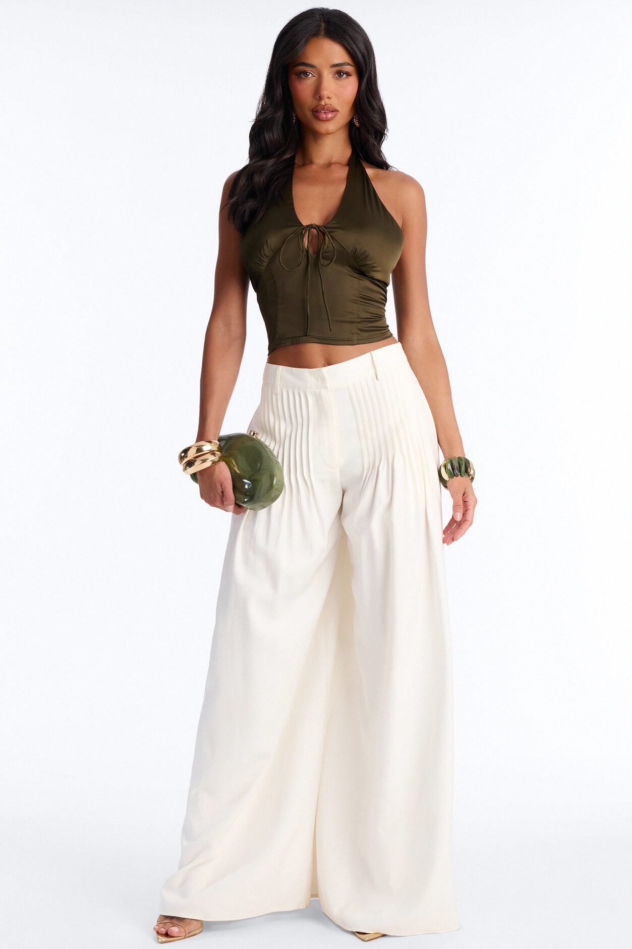Midnight Mischief Tie Front Satin Halter Top - Dark Olive