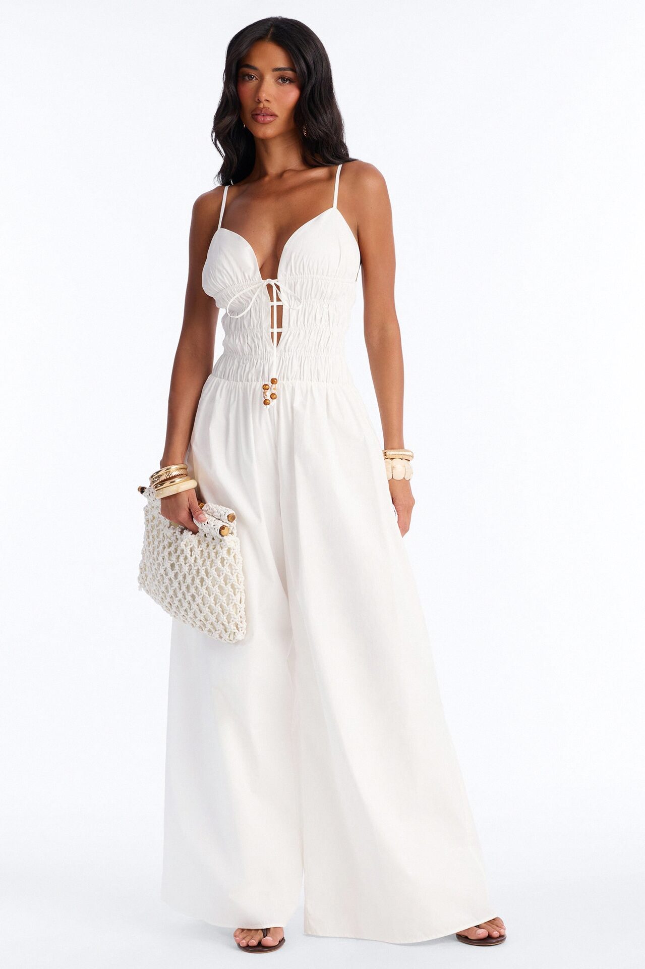Vacation Muse Beaded Wide Leg Jumpsuit - White
