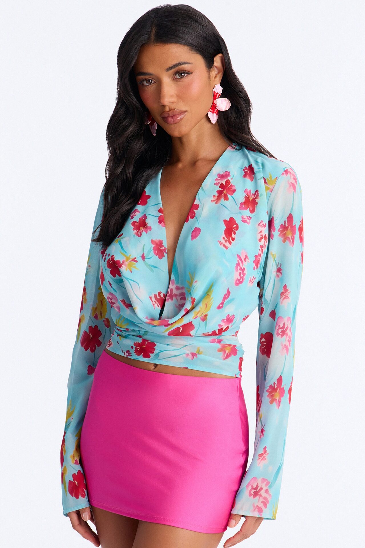 Chloe Cowl Neck Floral Chiffon Blouse - Blue/combo