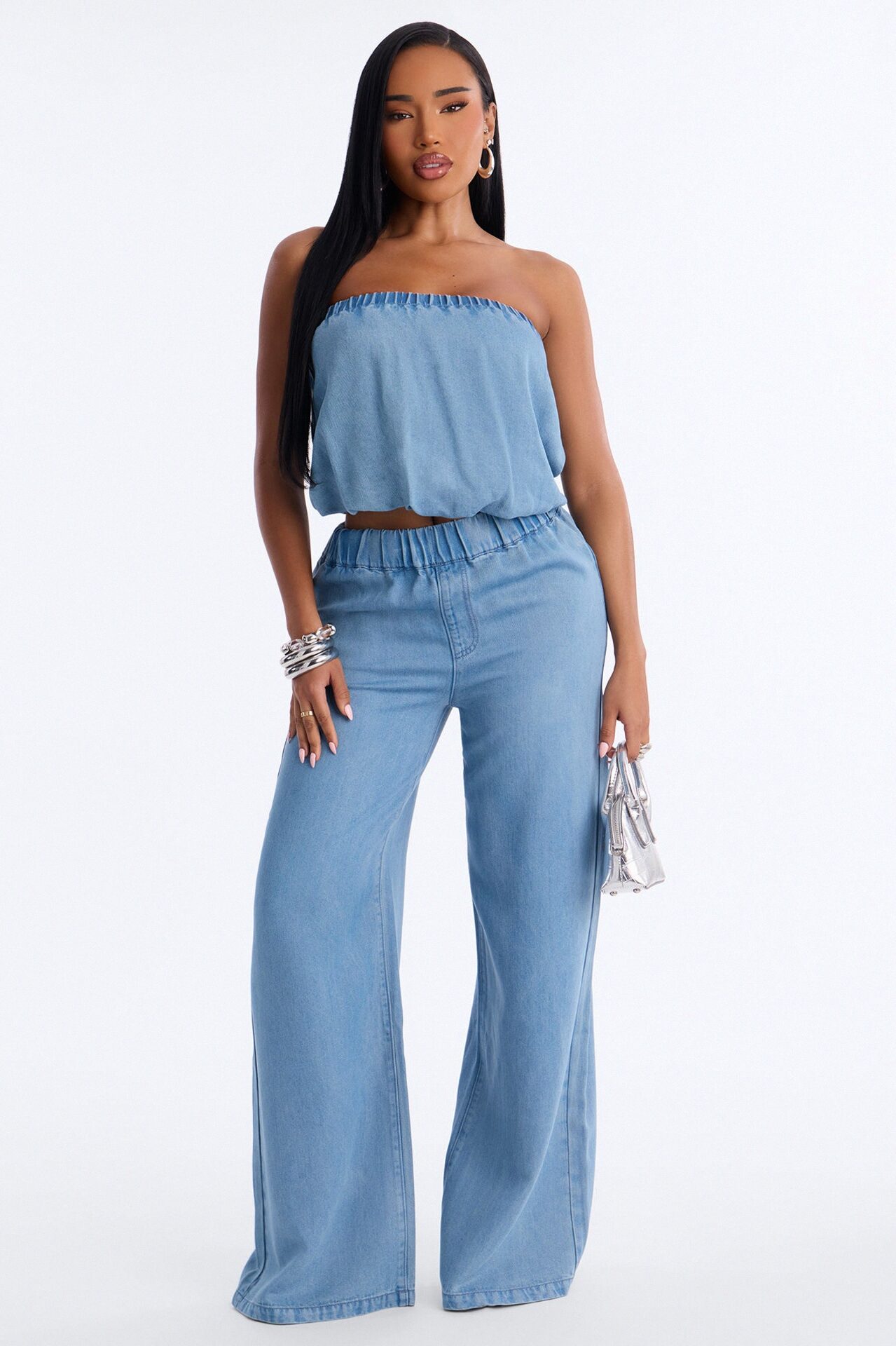 Celeste Chambray Strapless Pant Set - Light Wash